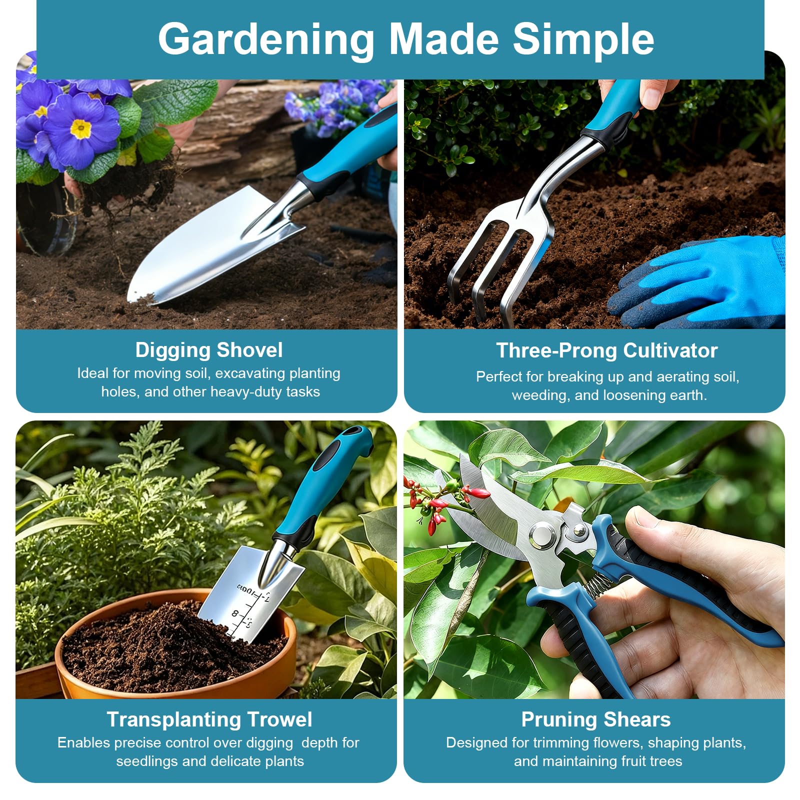 Kit Giardinaggio Completo 7 Pezzi in Alluminio Anti-Ruggine con Tappetino Rinvaso 75x75cm e Borsa 600D Oxford,Set Attrezzi da Giardino Professionali per Orto e Piante,Regalo Giardinaggio Donna Uomo