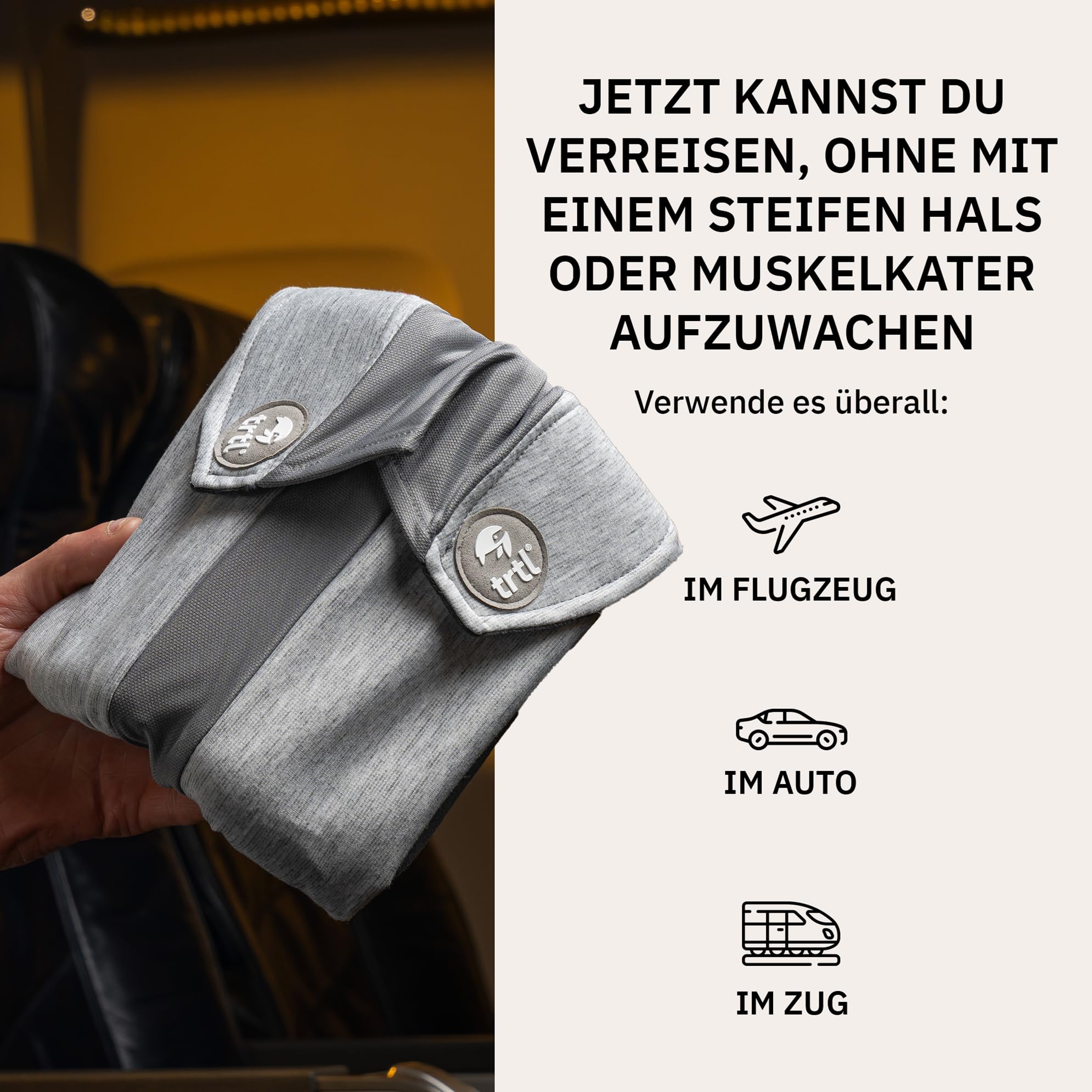 trtl Travel Pillow Plus Grau | Höhenverstellbares Nackenkissen für Flugzeug & Auto | Platzsparendes Reisekissen | Für alle Körpergrößen geeignet