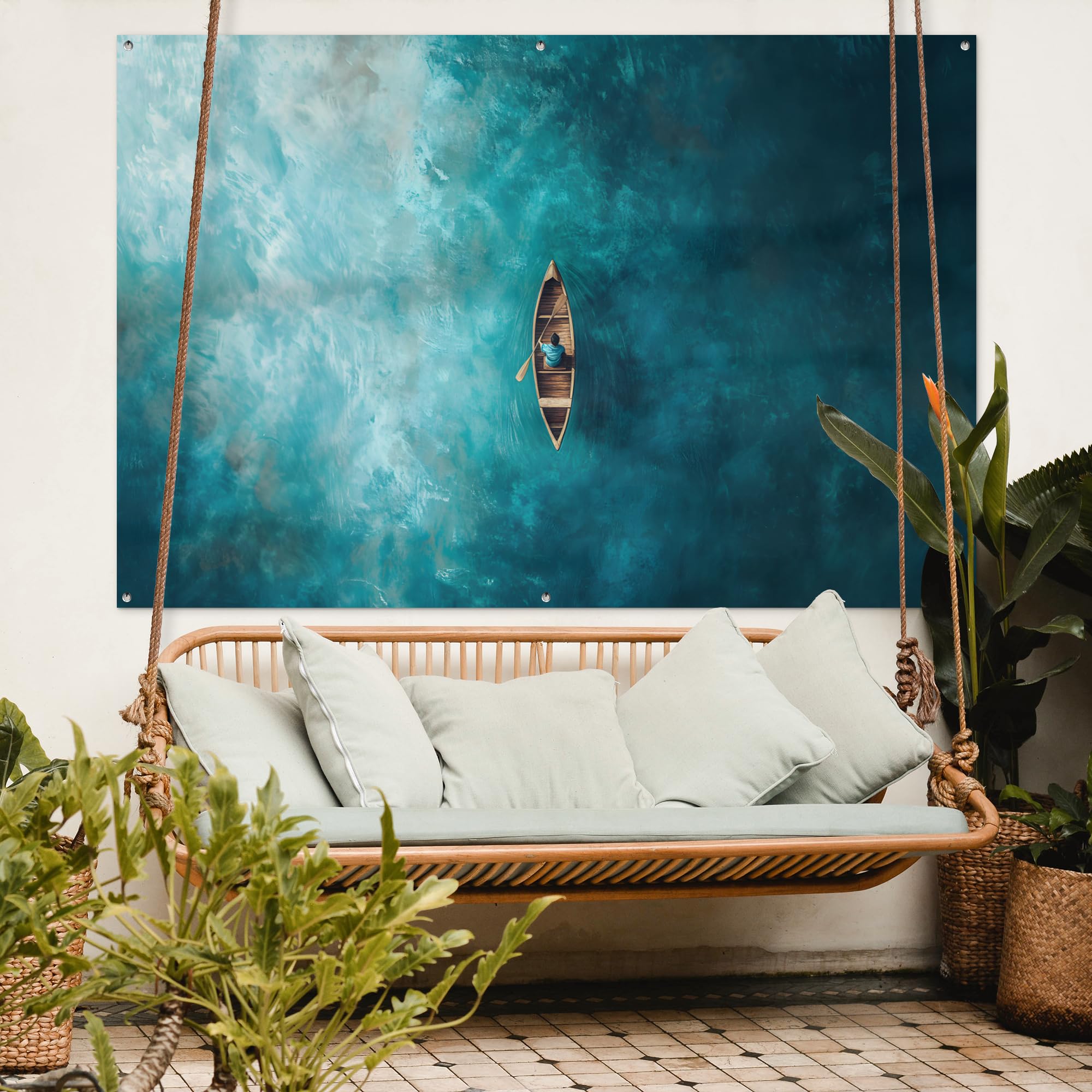 MuchoWow© Decoracion Jardin Exterior Decoración Pared Póster De Jardín | 180x120 cm - Balcón Wall Decoration Patio Posters Decorativos Terraza Barco - Agua - Azul