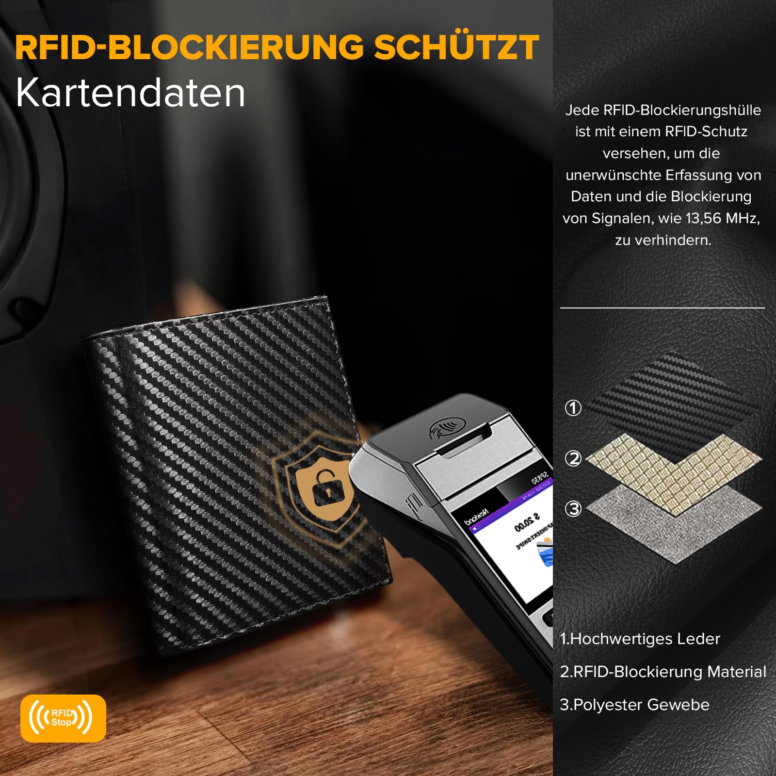 UNOSEKS Portmonee - Portafoglio da uomo con protezione RFID, mini portafoglio da uomo Bifold, slim wallet con scomparto per monete, porta carte di credito da uomo per 4 carte(fibra di carbonio)