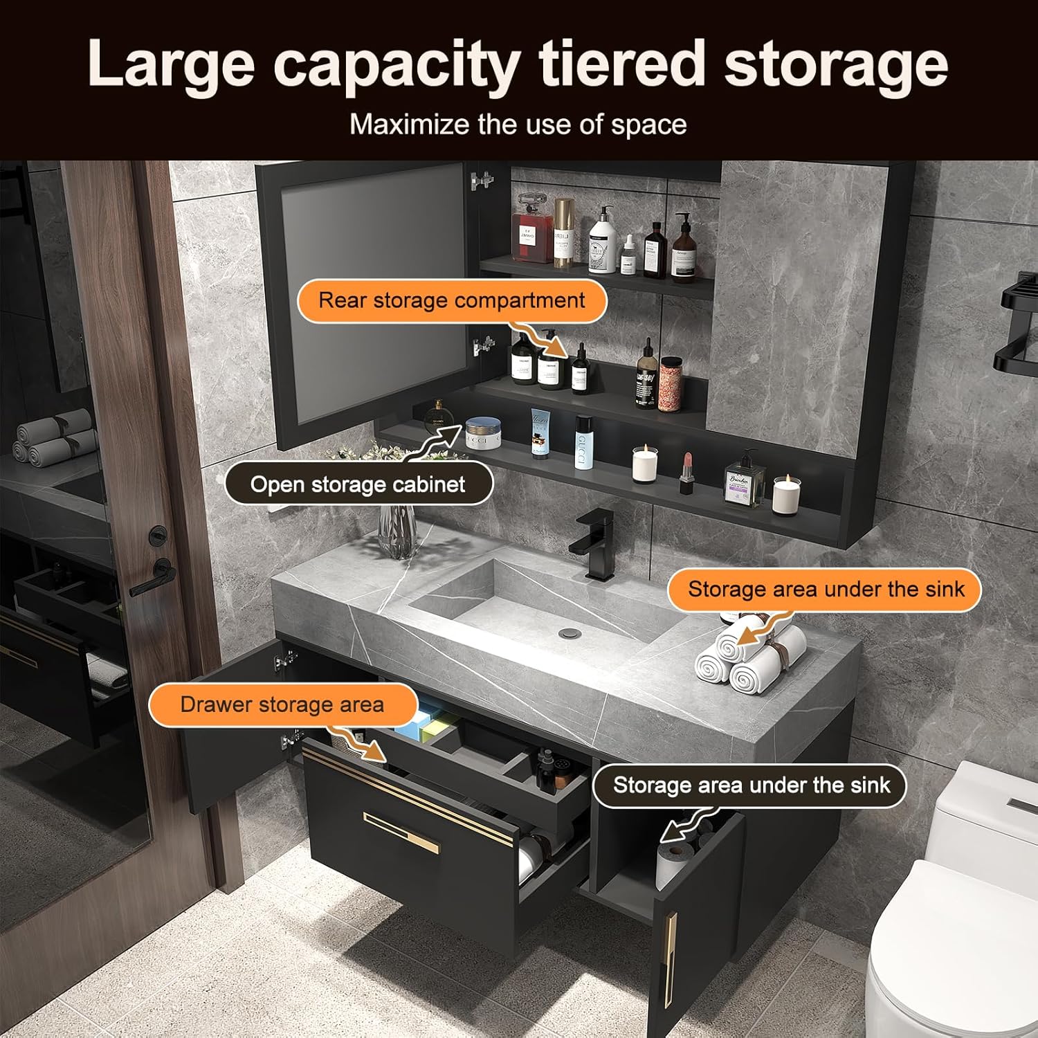 Oneroom Large Bathroom Vanity with Double Sink, Vessel Sink Bathroom Vanity Cabinet with Vanity Mirror Light,Wide Mirror & Vanity Mirror