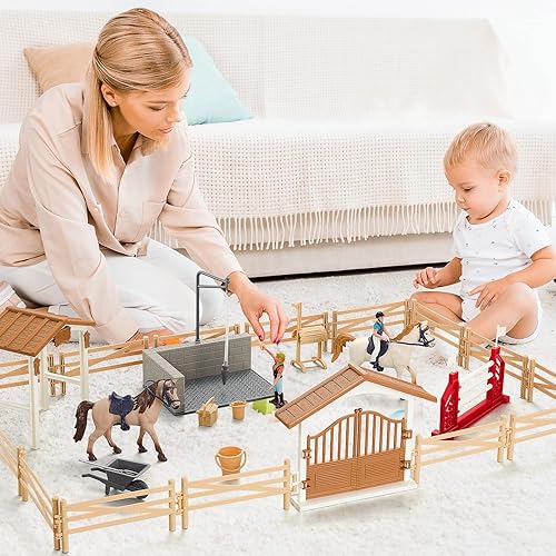 Miniatura 5 de Peagprav Set de juego de figura de establo de caballos, club de caballos con jinete, área de lavado de caballos, figuras de cerca, juguetes de