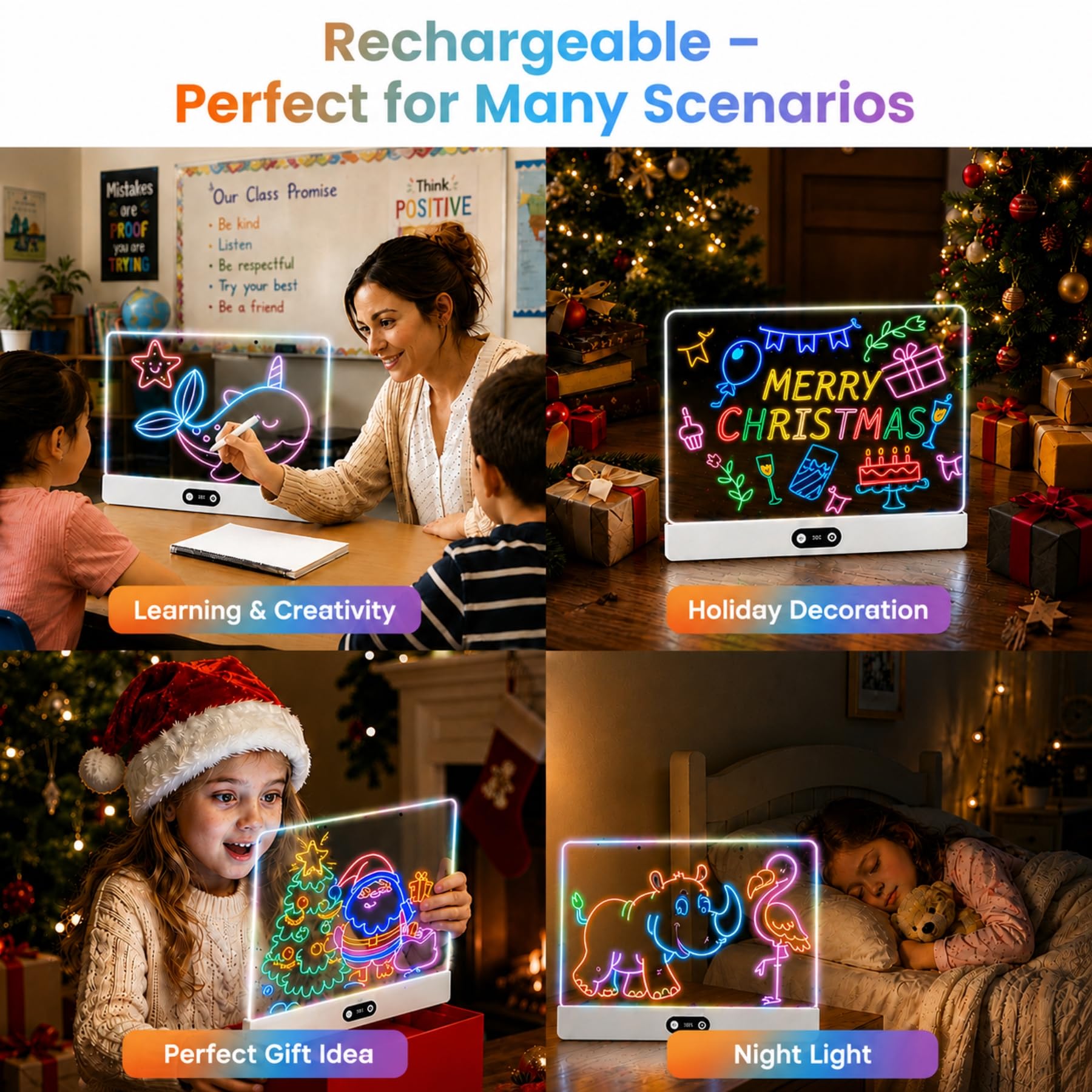 sylvwin Tableau à dessin LED avec couleurs, tableau notes avec 8 couleurs, 3 modes d'éclairage, rechargeable, en acrylique, cadeau créatif, jouet pour enfants/adolescents, blanc