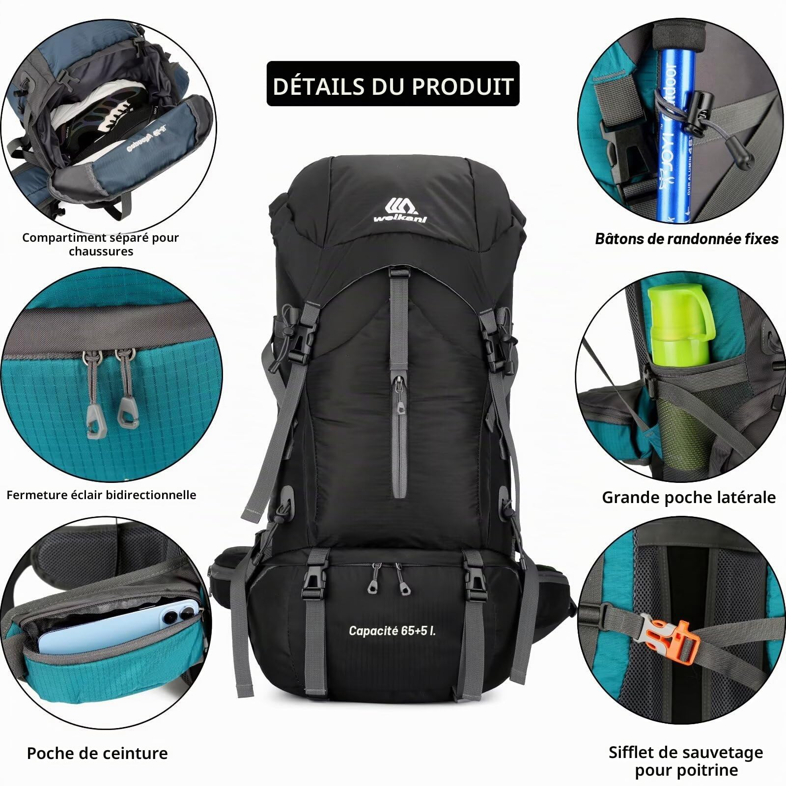 Sac à dos de randonnée de 70 l avec housse de pluie - Léger - Pour homme et femme - Grand sac de randonnée imperméable - Pour randonnée, escalade, sports de plein air - Alpinisme