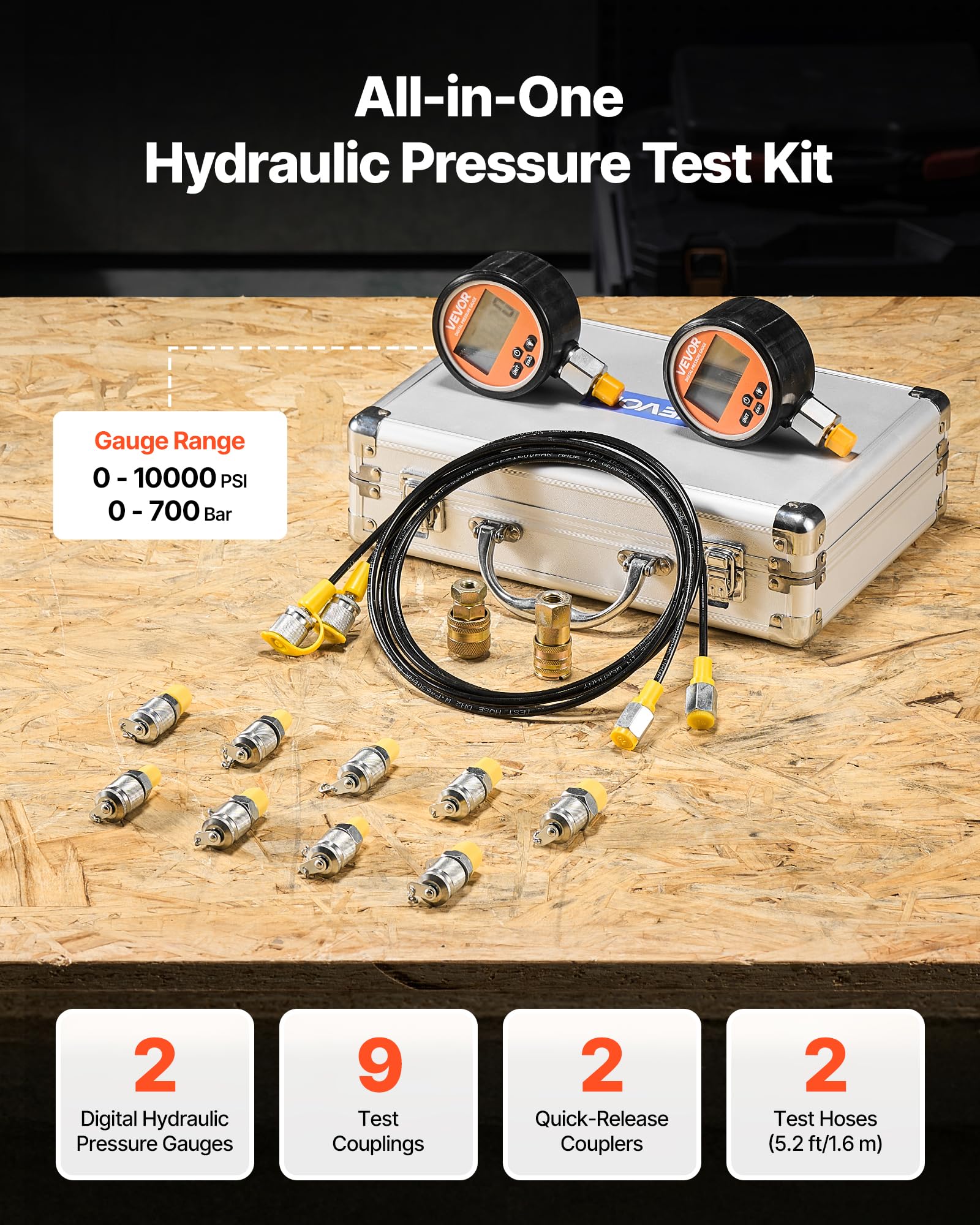 VEVOR digitales Hydraulikdruck Testkupplungsset, 10000 PSI Druckmessgerät Manometer Tester mit 2 Messgeräten & 9 Testkupplungen & 2 Schnellkupplungen & 2 Schläuchen für Bagger Baumaschinen