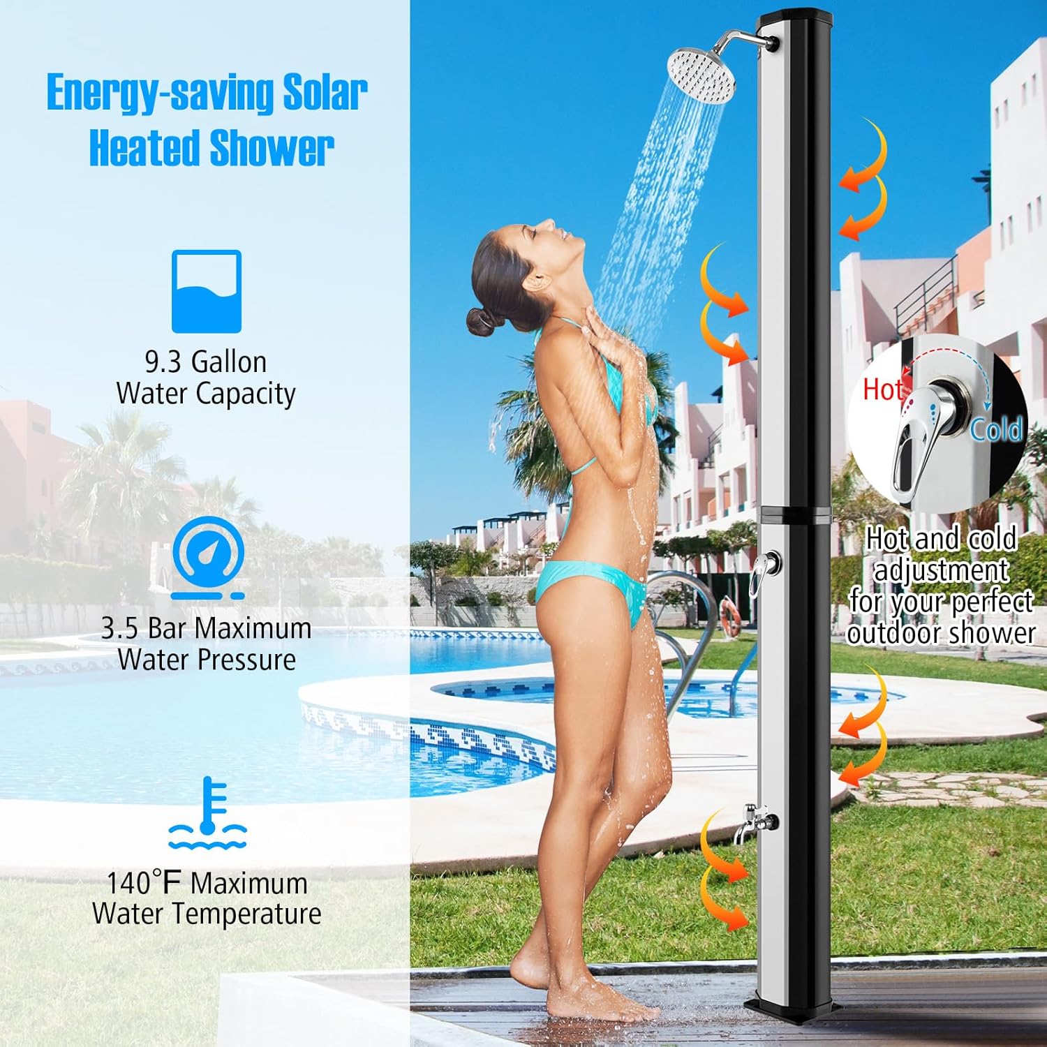 Happygrill 7.2 FT Solar-Heater Outdoor Shower with 360° Swivel Shower Head, Foot Shower, Adjustable Temperature & Pressure, Easy-Setup 2-Section Freestanding Shower for Garden Yard Poolside Beach