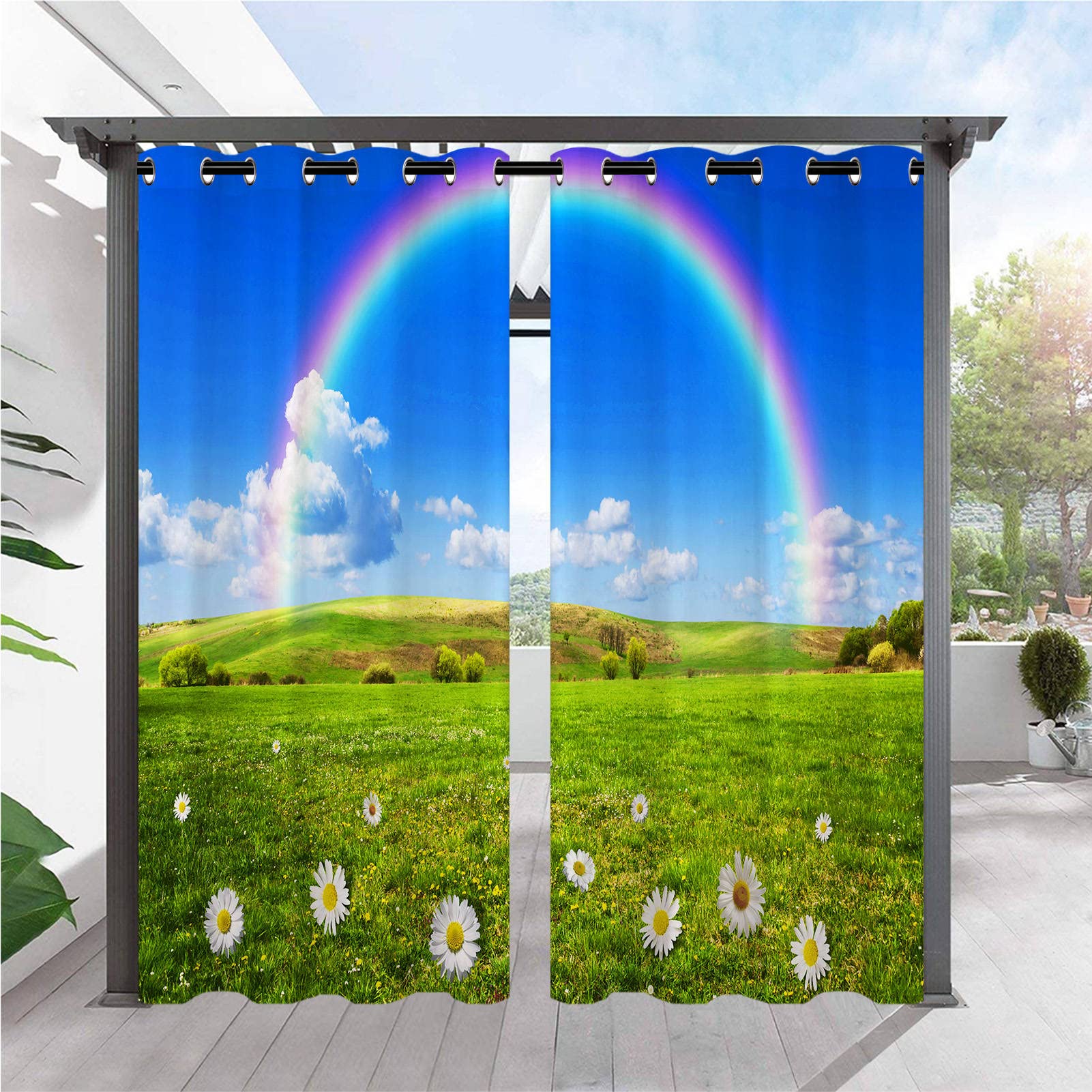 ANHOPE Outdoor Curtains Waterproof Eyelet Ring Top Drapes Nature Scenery Rainbow Flower Grass Print Pattern Privacy Outside Curtains for Garden Patio Gazebo Pergola Porch Pool 2 Panels 52 x 108 Inch โ image 1