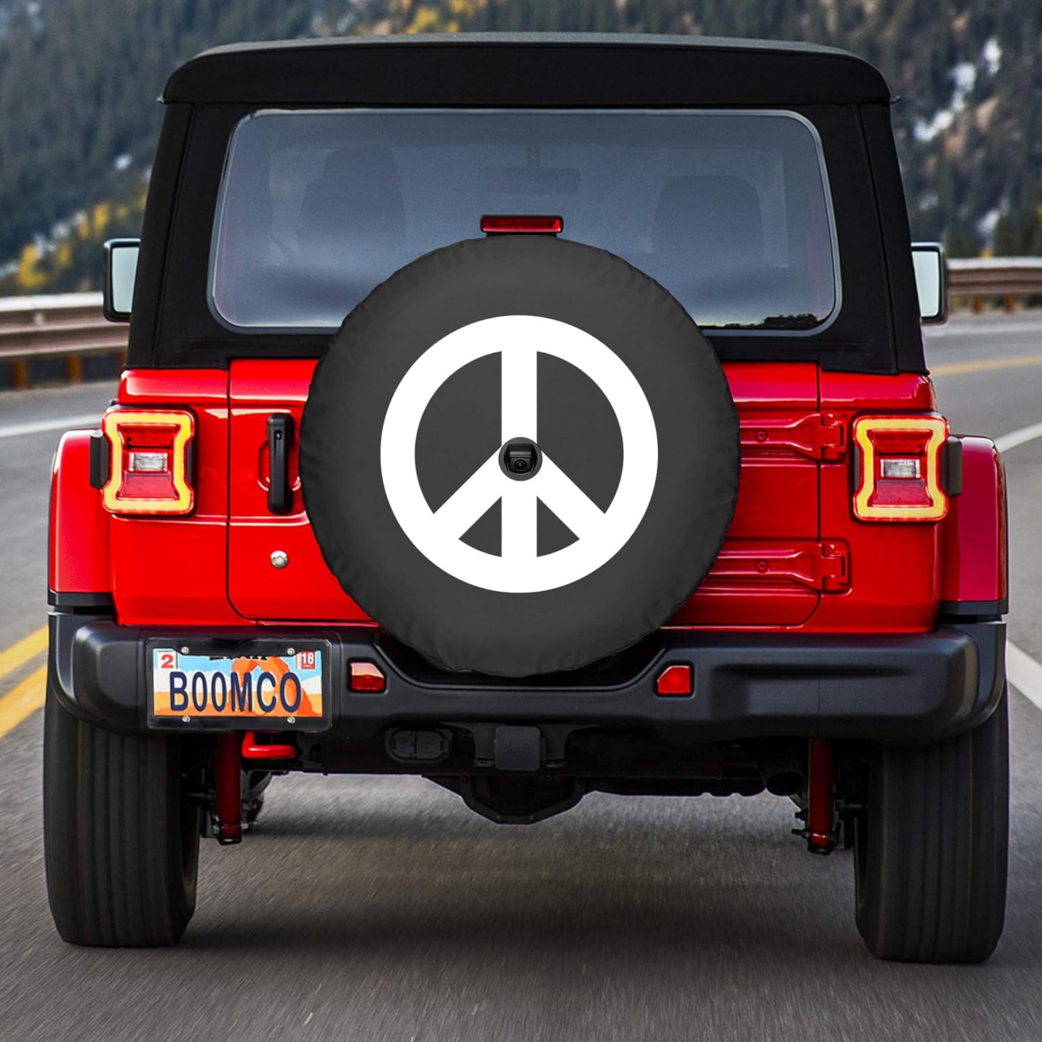 Boomerang - Peace Sign (White Print) - 32" Soft JL Tire Cover for Jeep Wrangler JL (with Back-up Camera) - Sport & Sahara (2018-2024)