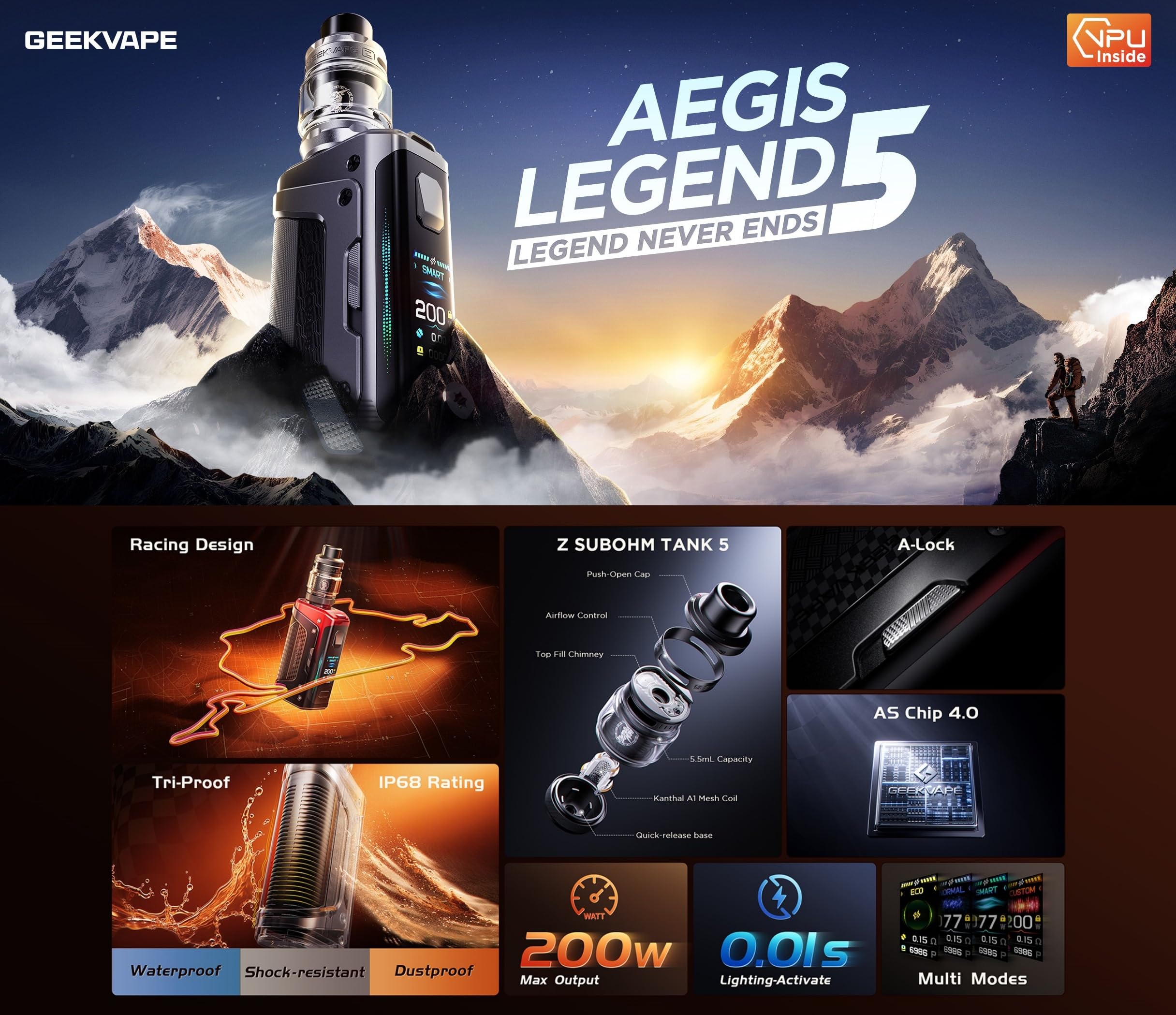 GEEKVAPE Aegis Legend 5 Kit 200W | Aegis Legend 5 Box Mod + 5.5ml Z Sub Ohm - Z0.15 XM + 0.4 XM Resistenza per GEEKVAPE