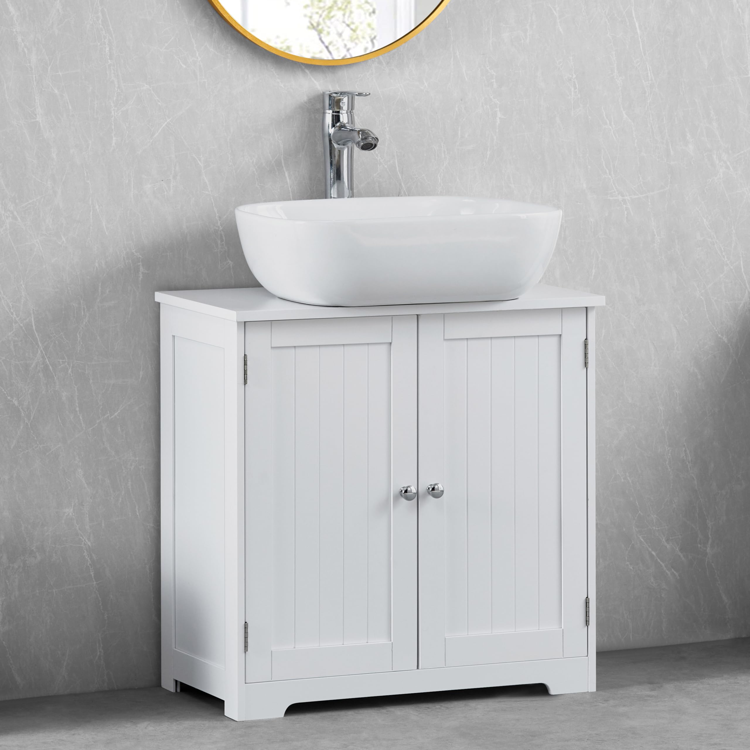 Home Discount Priano bajo Fregadero Armario de baño de pie Unidad de Almacenamiento Armario para Lavabo, Color Blanco