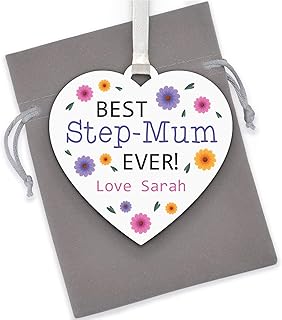 Best Step Mum Ever Gifts - Personalised Step Mum Wooden Heart - Birthday Christmas Gifts for Step Mum Stepmum - Mothers Day Step Mum Gifts - With Grey Bag