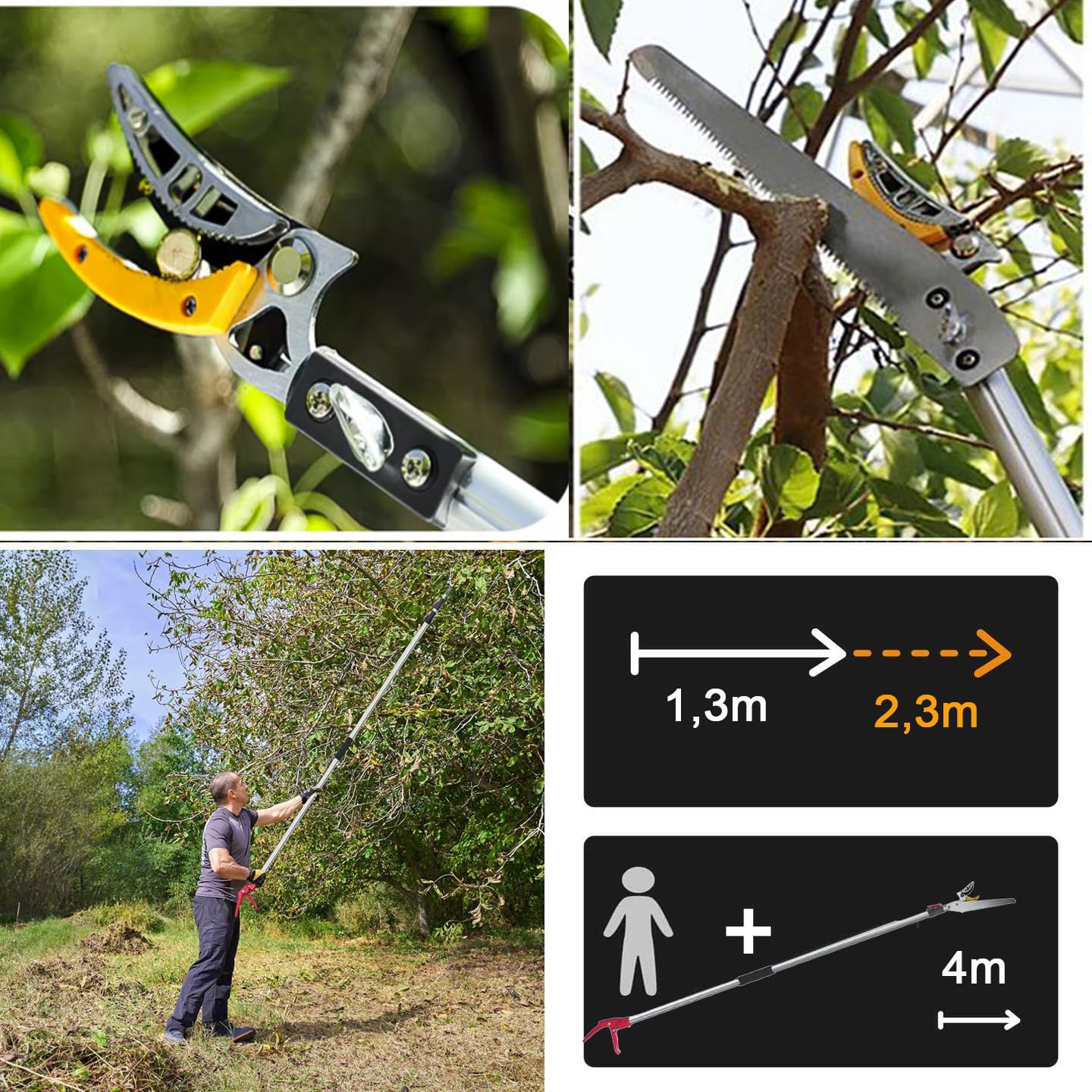 Tijeras de Podar Telescópicas Extensibles Manuales Para Estanques Rosas con Mango Telescópico, Tijeras de podar largas telescópicas (1,3 – 2,3 m) Tijeras con Pertiga