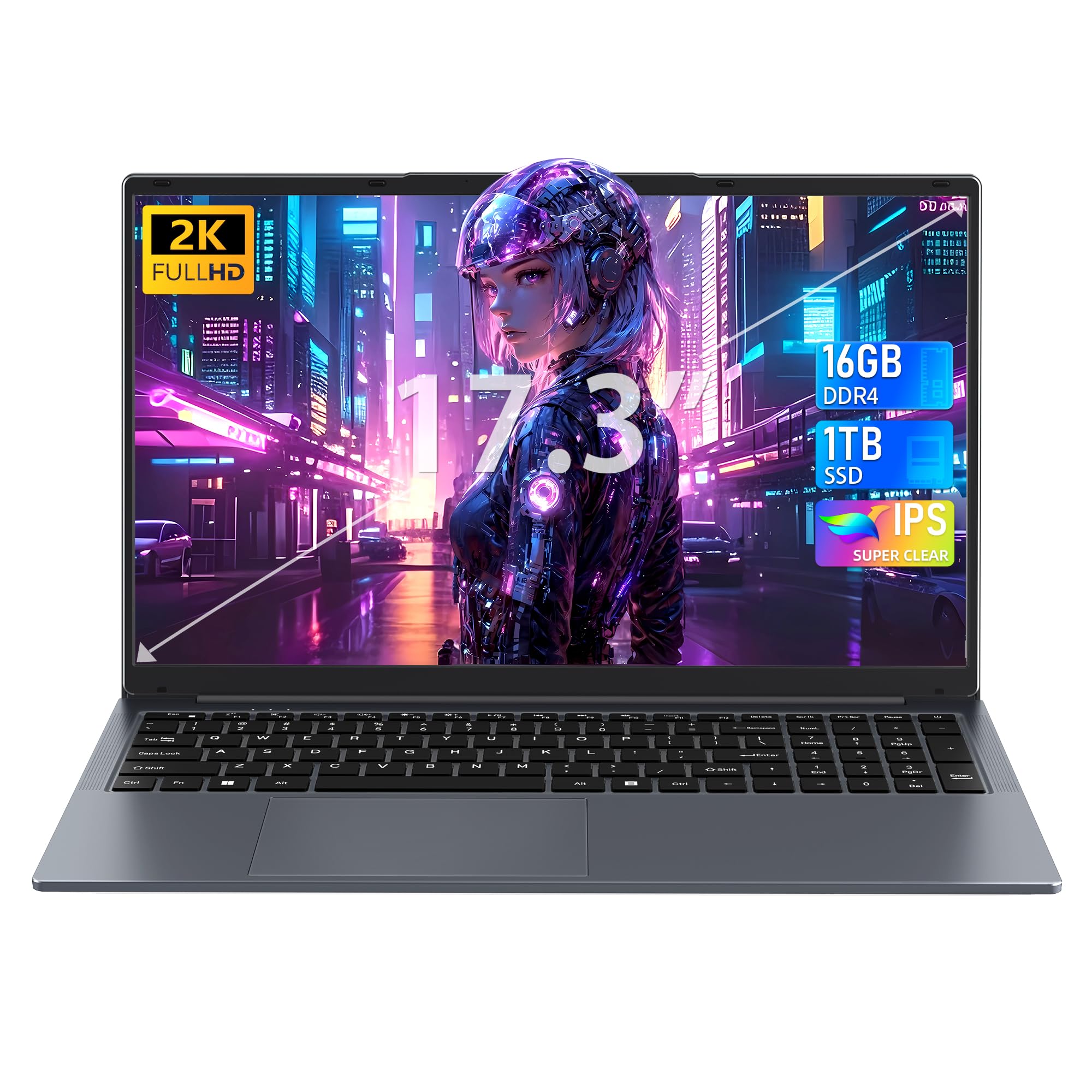 17,3 Zoll Laptop,16GB DDR4 RAM,1TB SSD,N150(Beat N95 N5095) | bis zu 3,6 GHz,FHD IPS Display,Lange Akkulaufzeit, Beleuchtete Tastatur,Ziffernblock,Webcam,WiFi/Bluetooth/USB 3.0,Grau