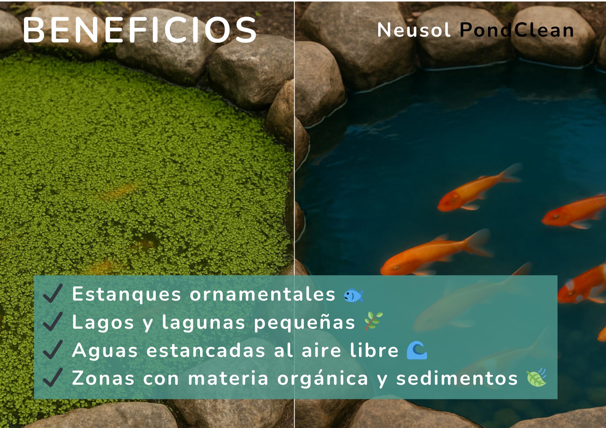 PondClean – Tratamiento Biológico Preventivo para Estanques, Lagos y Fuentes | Control de Algas y Aguas Verdes | Clarifica el Agua, Reduce Lodos y Olores | 100 % Seguro para la Vida Acuática