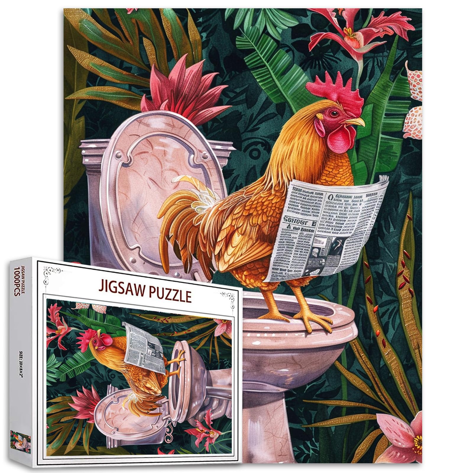 Tucocoo 1000 Pieces Jigsaw Puzzles for Adults Funny Chicken on Toilet Puzzle Rooster Vintage Bathroom Art Puzzles for Challenging Family Activity Game Colorful DIY Crafts Puzzle Wall Decor Gifts — image 1