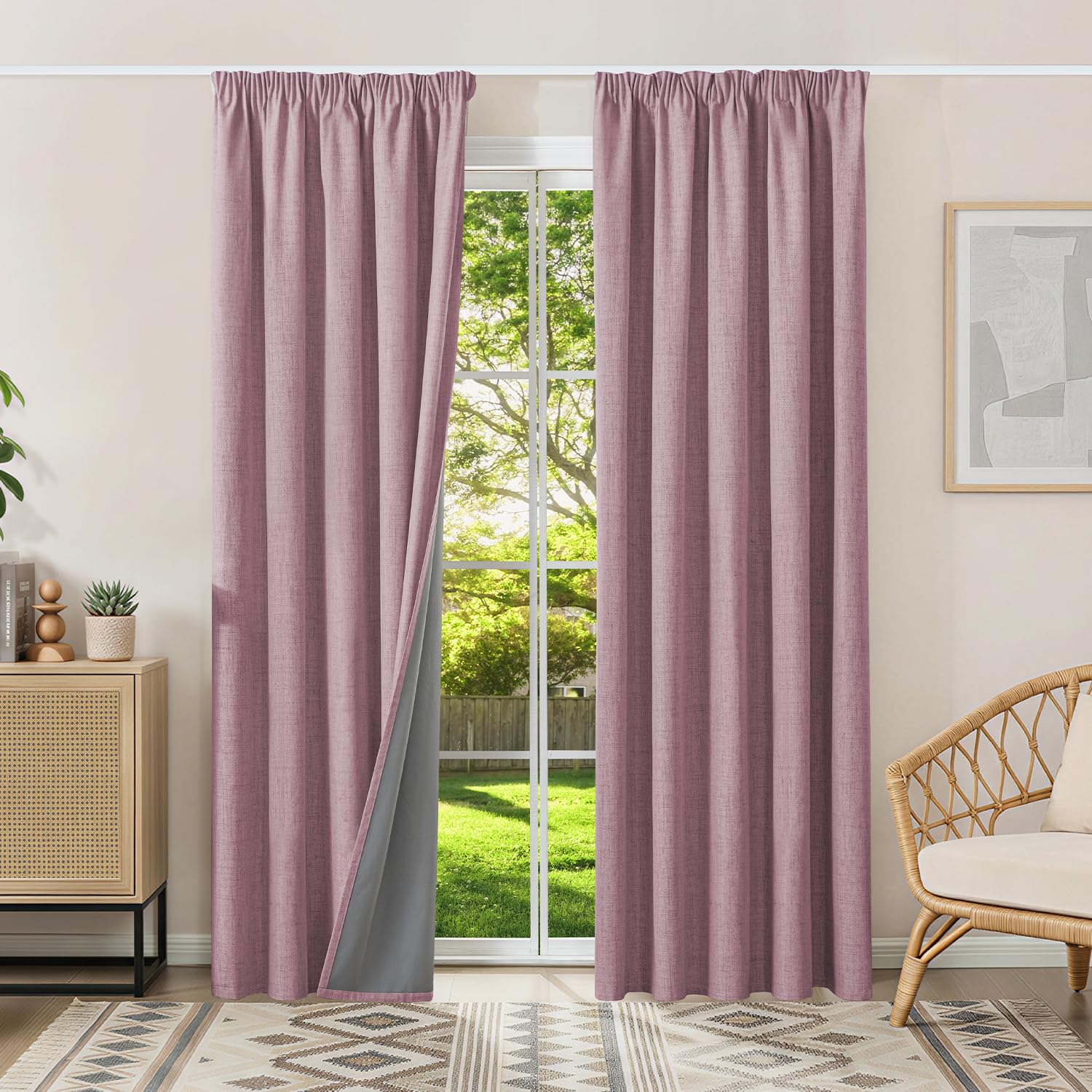 Runyéla 100% Blackout Curtains Pencil Pleat Linen Curtain for Bedroom Living Room Thermal Insulated 66 x 72 Inch Drop 2 Panels Pink