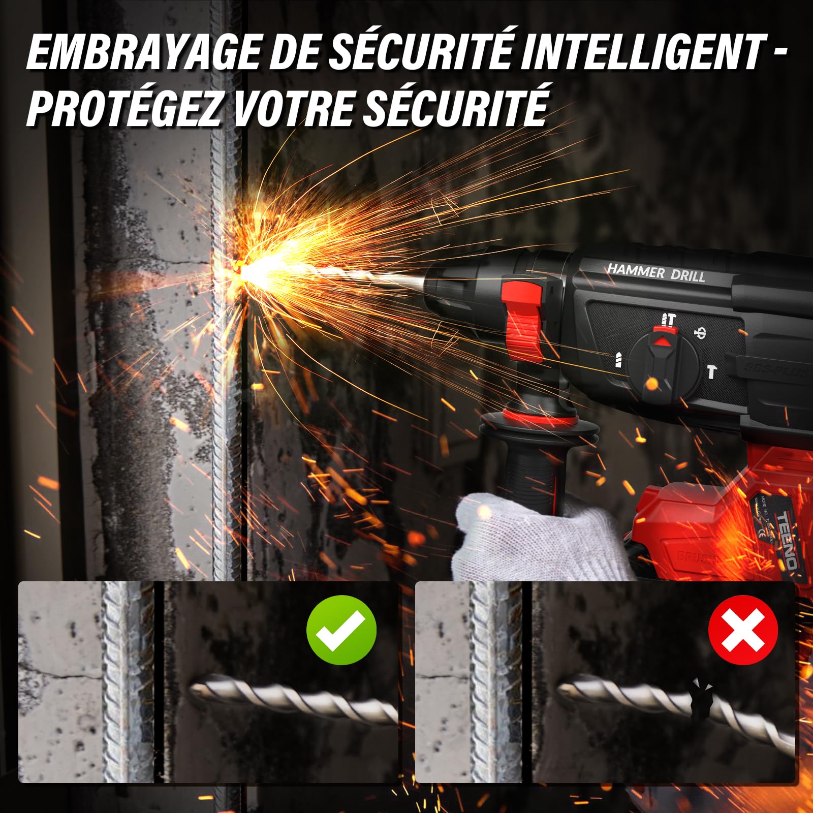 TEENO Marteau Perforateur sans Fil 20V Brushless, 2 Batteries 4.0Ah & Chargeur, 1500RPM, 4850BPM, SDS-PLUS, LED, Design Antivibration, Perforateur Burineur avec 8 Accessoires et Coffret