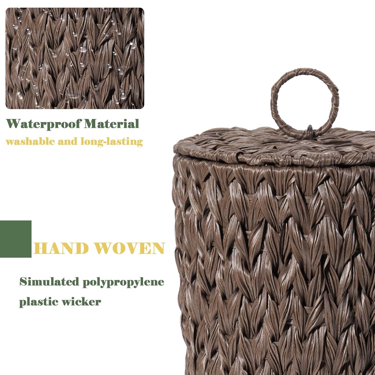 Plastic Wicker Trash Can with Lid - 2.6 Gallon Small Garbage Can with Removable Liner Bucket for Bedroom, Bathroom, Living Room - Boho Hand Woven Waste Basket for Home, Office, Brown