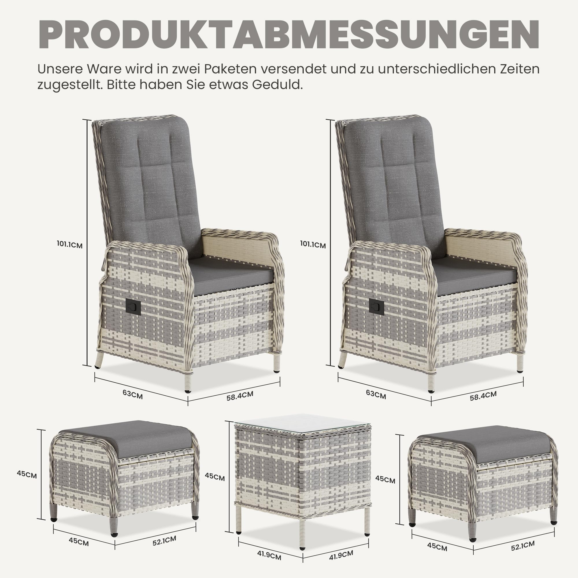Gotland Rattan Gartenmöbel Set Lounge Möbel Outdoor, Verstellbares 2-Sitzer Terrassen/Balkon möbel Set mit 118° Rückenlehne & Fußhocker, Hochwertige Polster & Glastisch, Gartengarnitur Wetterfest