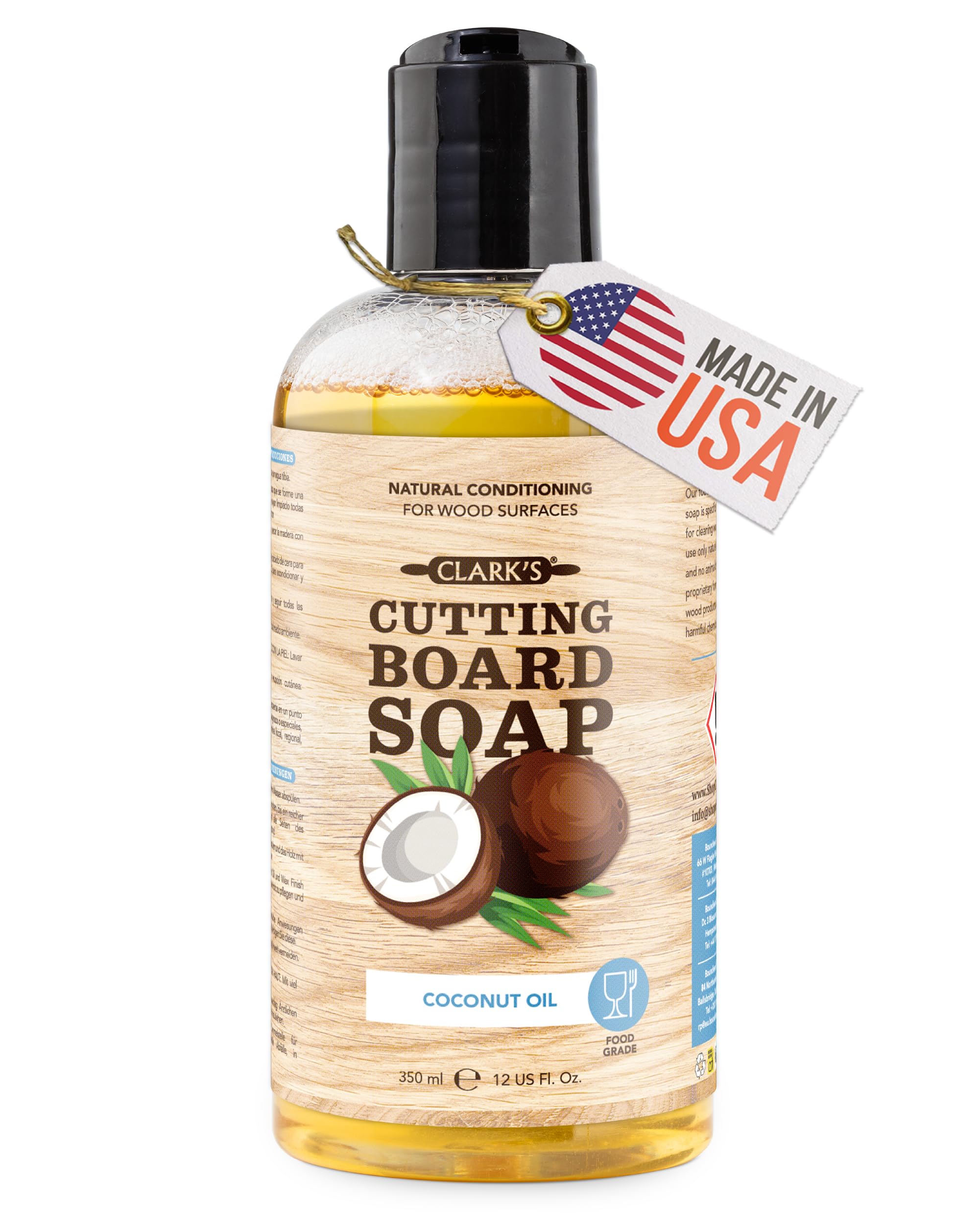 Coconut Cutting Board Soap (12oz) - Castile Based with no Mineral Oil - Vegan and 100% Organic - Clean Cutting Boards, Serving Trays & Utensils