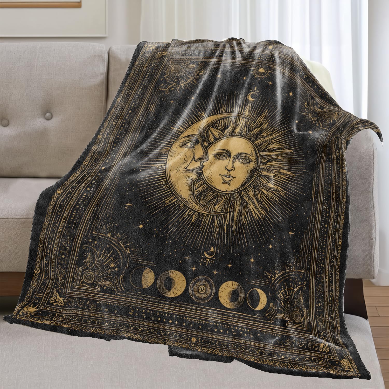 Sun and Moon Flannel Blanket Gifts for Astrology Lover,60x50inch,Vintage Golden Illustration Throw Blankets with Mystical Boho Celestial,for Bedroom,Sofa,Living Room,Camping Home Decor Throws - Image 2