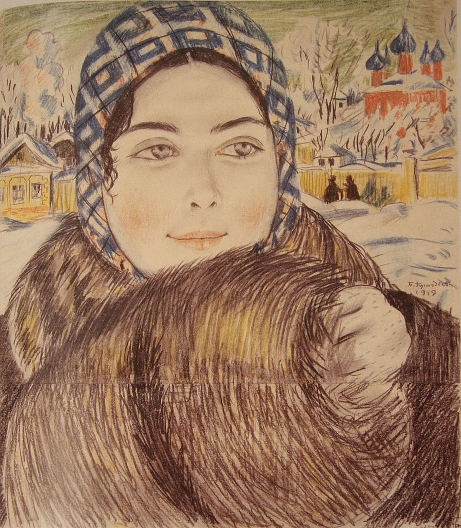 SERENDIPITP Vintage Picture Print on Canvas Wall Art Poster a Young Merchants Wife in the a Checkered Scarf by Boris Mikhailovich Kustodiev Artwork Print Poster for Wall Decor 60x90cm