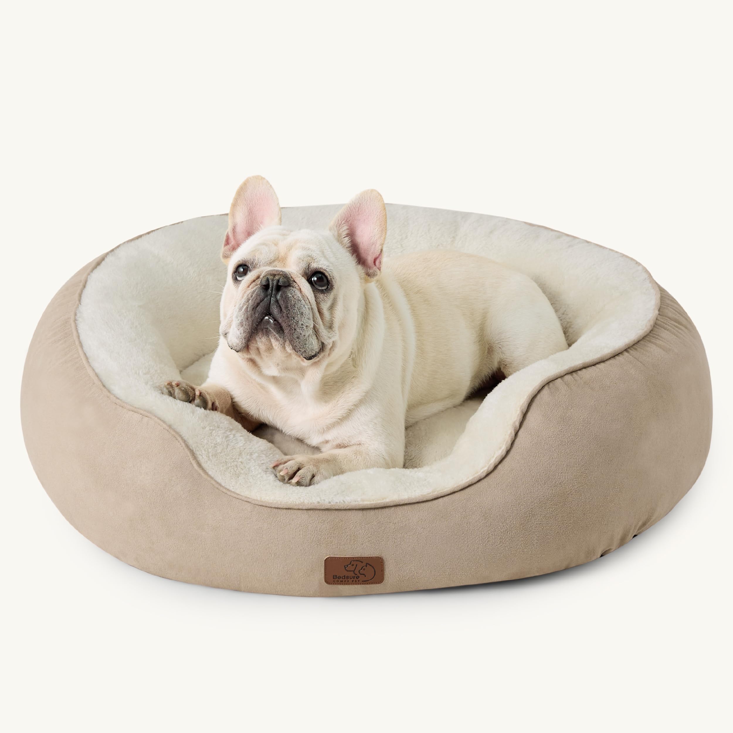 Bedsure Dog Bed for Medium Dogs - Round Washable Medium Pet Bed, Anti-Slip Donut Fluffy Plush Indoor Fur Cat Bed, 30 inches, Camel