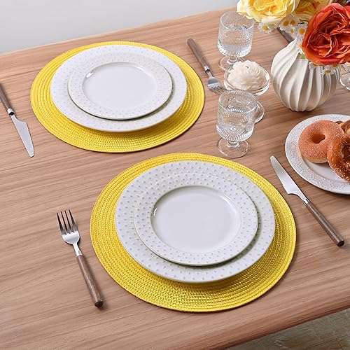 Miniatura 8 de Feuille Juego de 4 manteles individuales redondos trenzados para mesa de comedor, tejidos, lavables, antideslizantes, 13.5 pulgadas (amarillo, 4