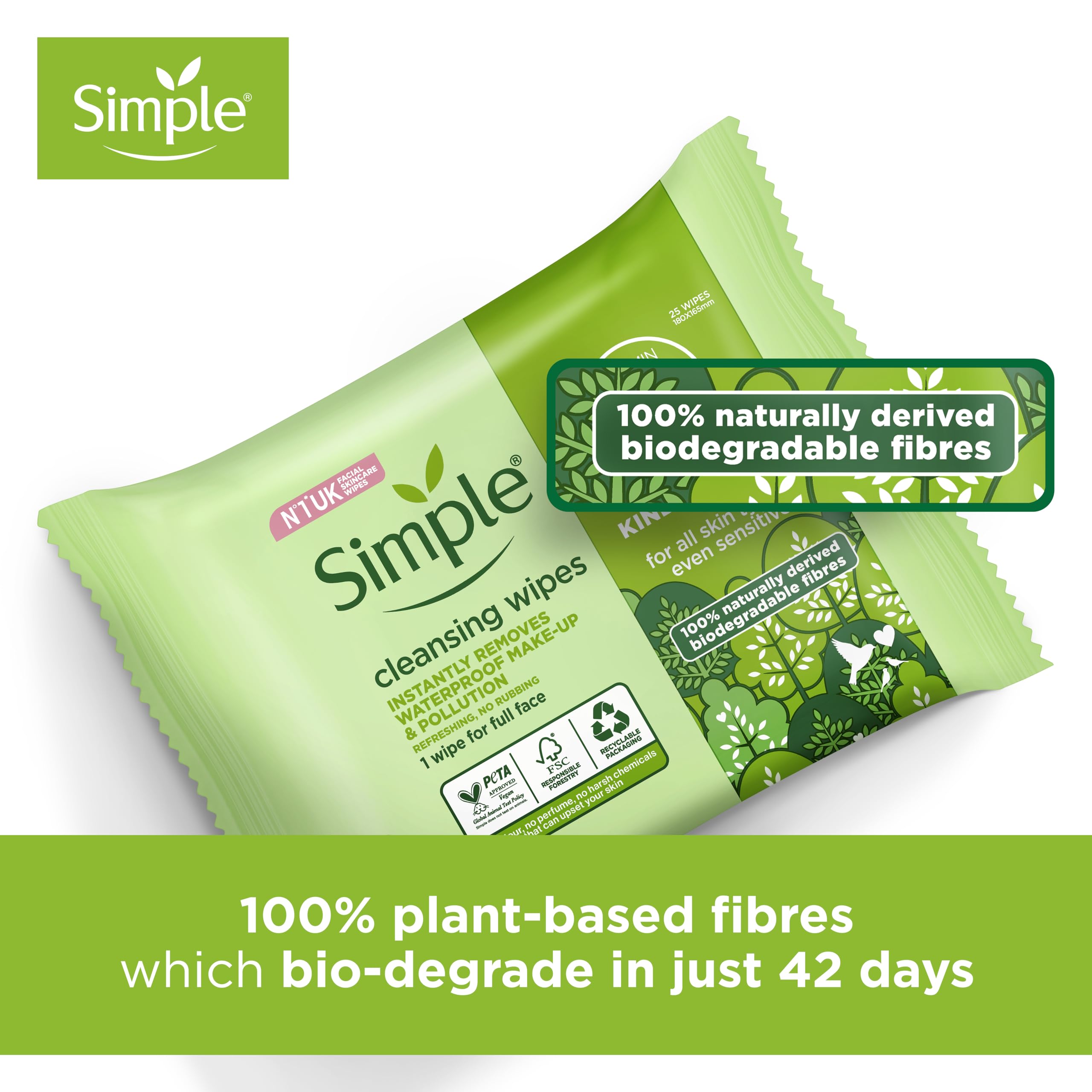 Simple Kind to Skin Bio-degradable Cleansing Wipes face wipes to remove waterproof eye make-up for sensitive skin 6x 25 wipes - Image 3
