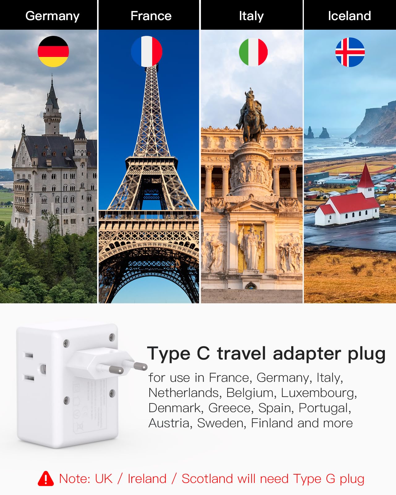 2 Pack European Travel Plug Adapter Mifaso International Power Plug Adapter with 3 Outlets 3 USB Charging Ports — view 3