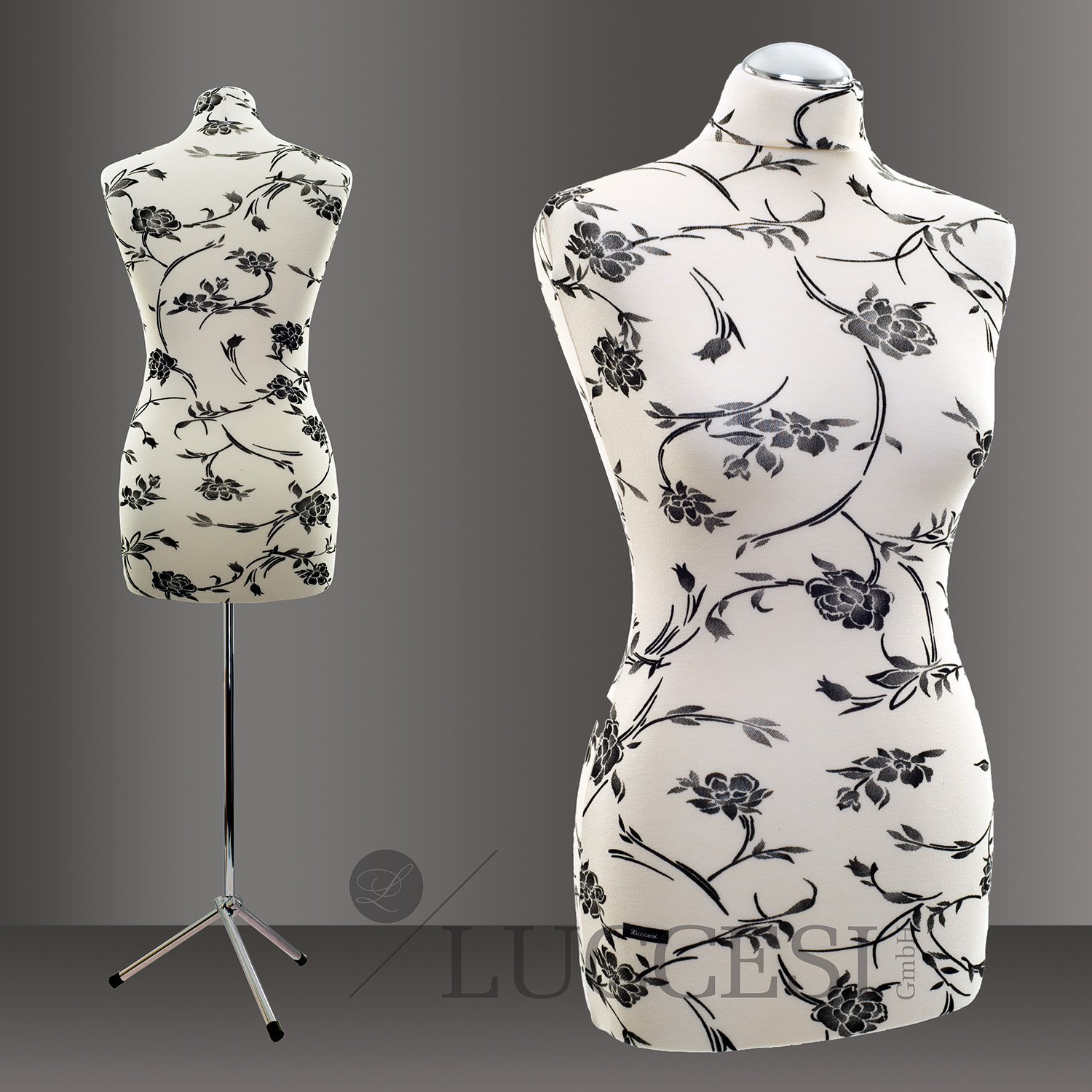 Schneiderpuppe LUCCESI | Zum Probierpreis! | Größen S - XL (Female) | Torso Size: M/L (38-40) | Wechselbezug Creme-Weiss/florales Muster (schwarz) | Metall-/Dreibein (Chrom) | Schaufensterpuppe