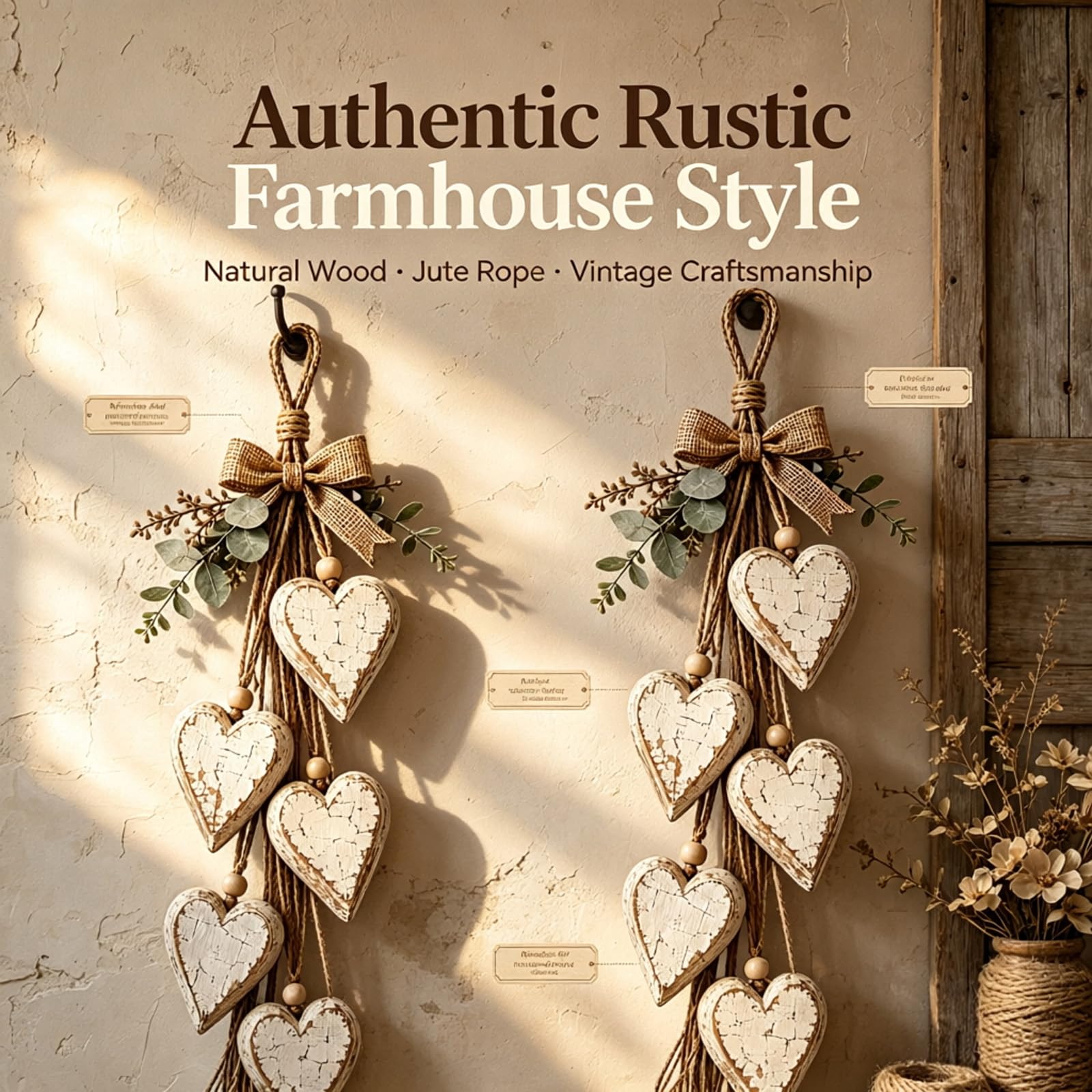 Decorazione da parete rustica a forma di cuore sospesa in legno (2pcs A)