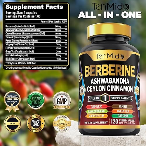 Miniatura 2 de Suplemento de berberina  Fórmula 10 en 1 con Ashwagandha, canela de Ceilán, cúrcuma, Panax Ginseng, olmo resbaladizo, hinojo, té verde y más