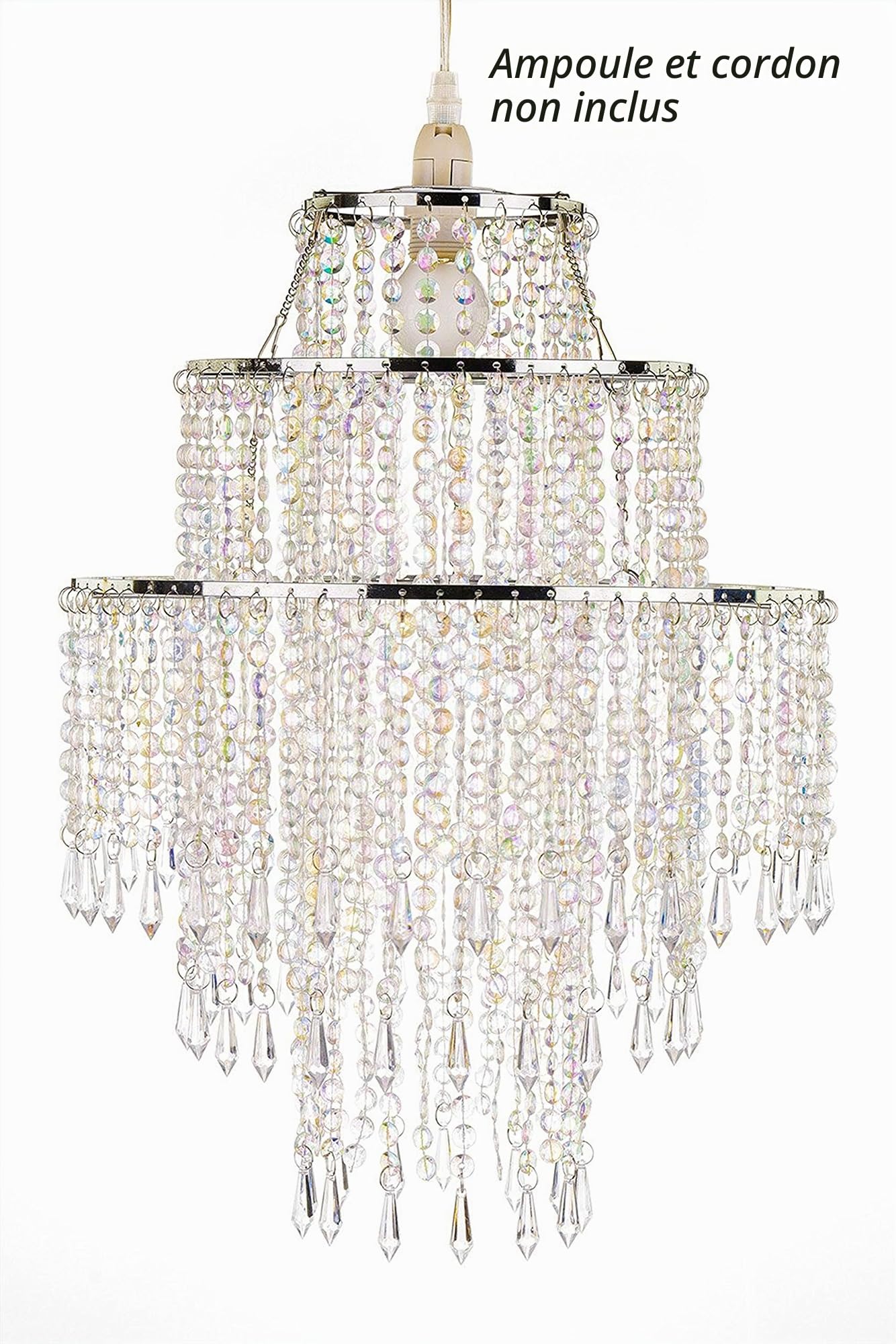Waneway Pendentif chrome large 3 niveaux avec billes étincelantes, abat-jour chandelier de plafond avec gouttelettes bijoux en acrylique, diamètre 32 cm, claire