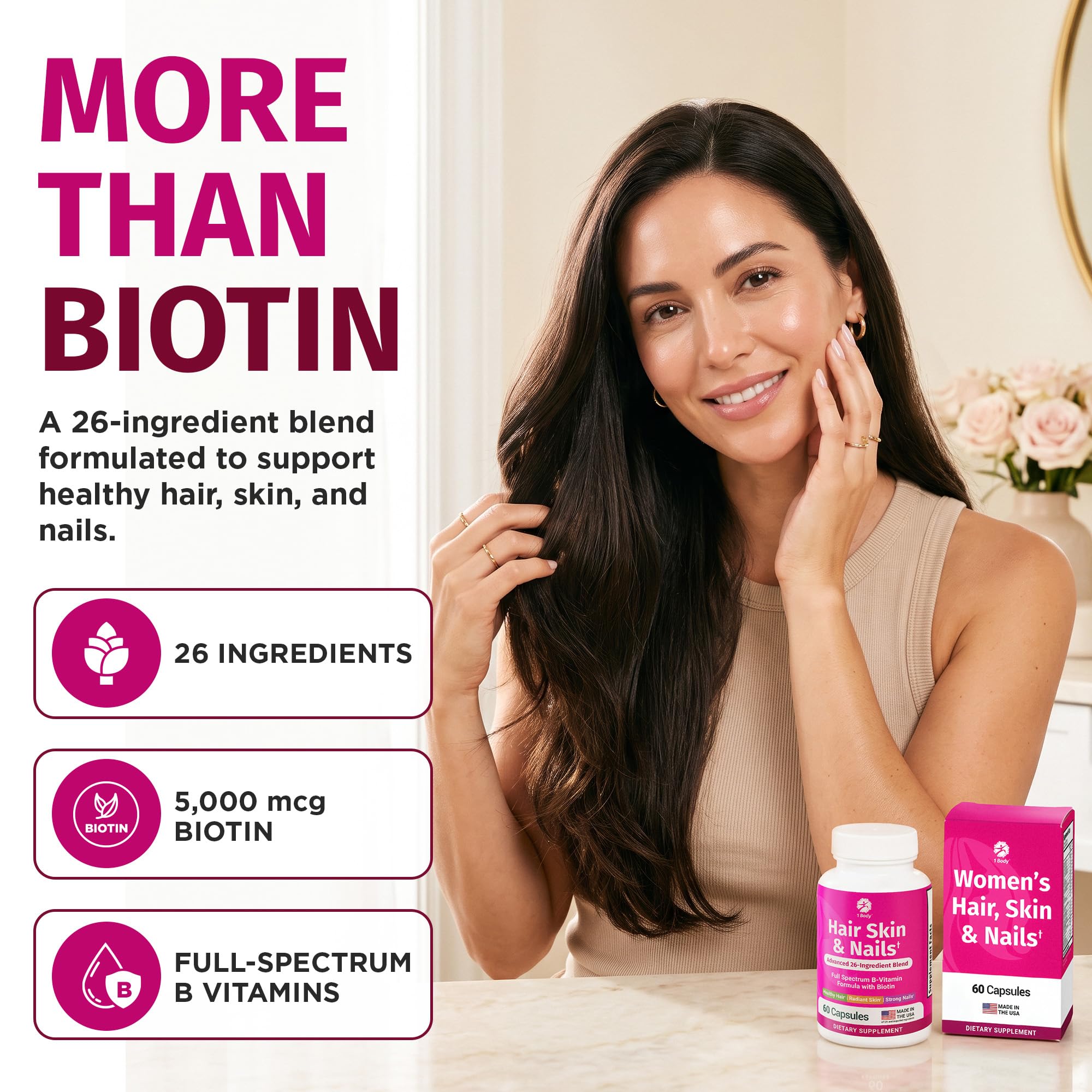 1 Body Hair Skin & Nails with Biotin, Vegan Vitamins, 60 Capsules — Amazon image 2