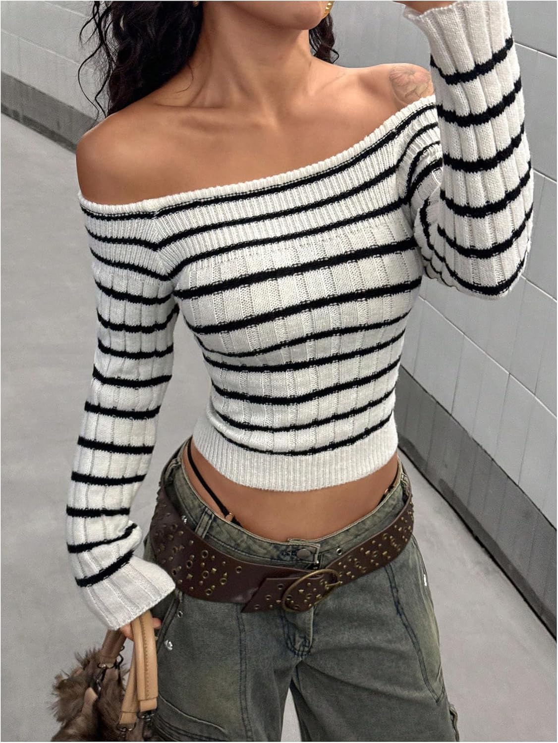 Floerns Women's Striped Long Sleeve Fall Sweater Off The Shoulder Knitted Going Out Tops - Image 2