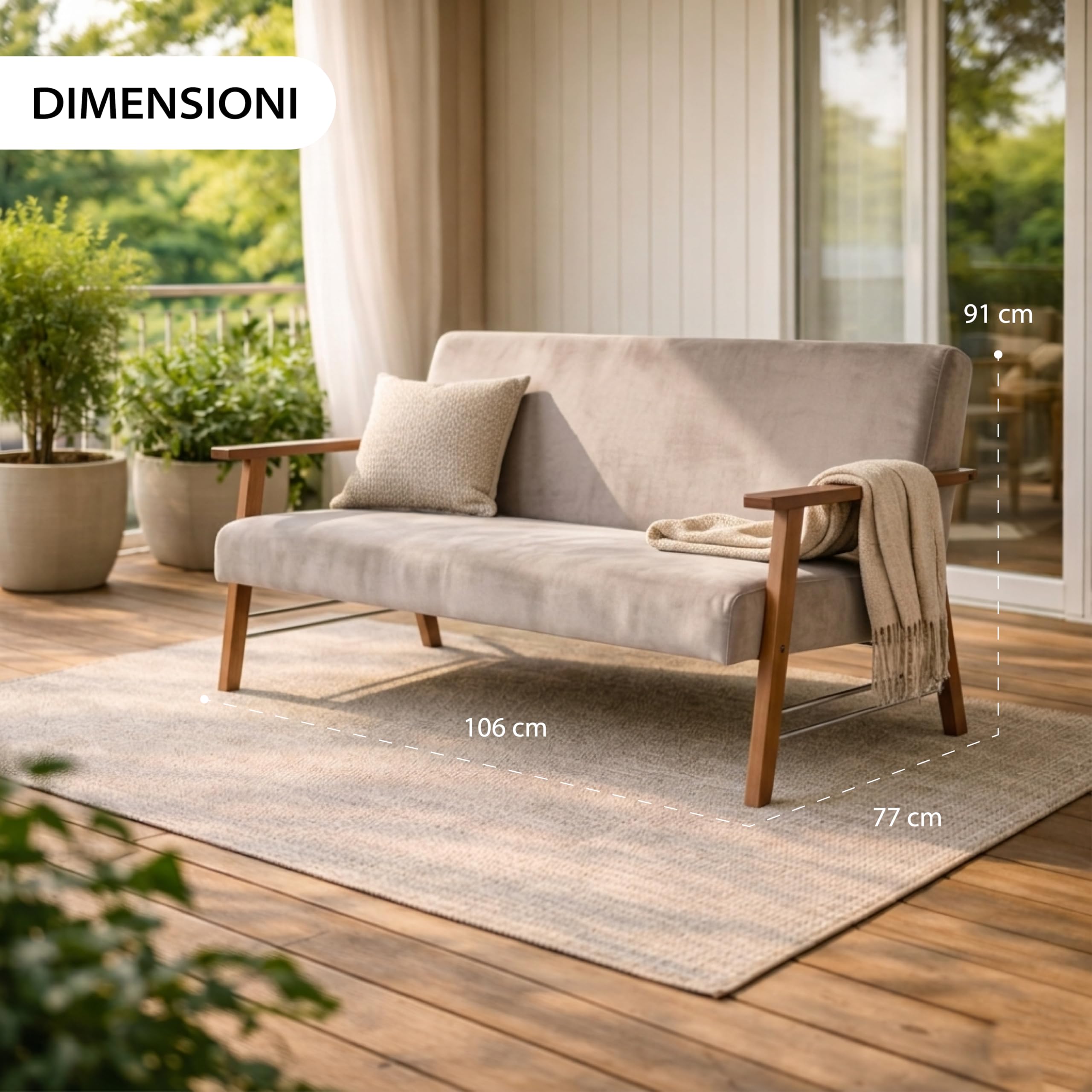 MA MAISON Divano da Giardino in Legno 59X77X91H CM - in Tessuto, Imbottito, Braccioli, da Arredo, Interno, Esterno, per Soggiorno, Terrazza, Resistente, Relax, Moderna - Made in Italy (Beige)