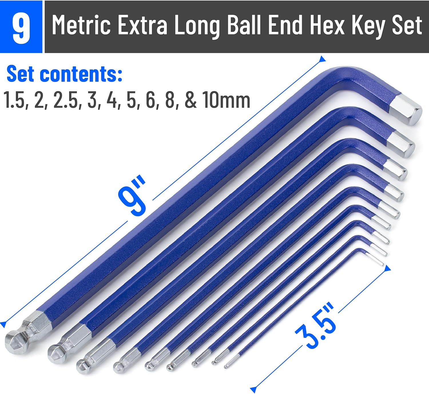 Bates- Long Allen Wrenches Set, 9 Pack, 3.5" to 9" Length, Blue, Metric Hex Key Set (1.5mm to 10mm), Long Allen Wrench Set with Exrta Long Arm and Ball End for Precision, Mechanics, DIY, Home Repairs