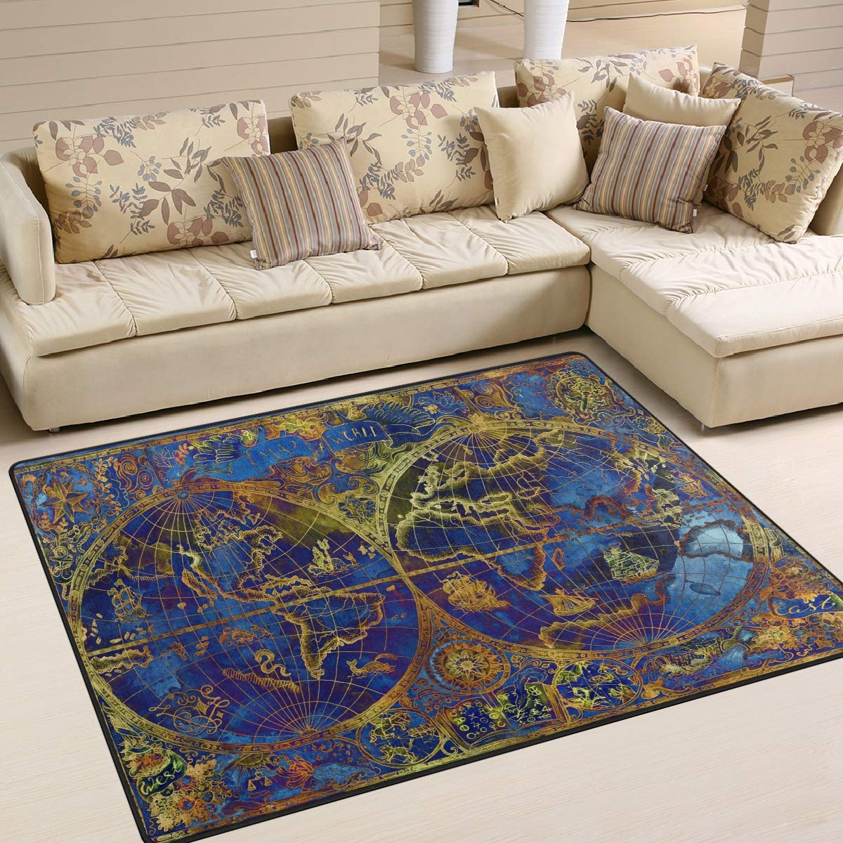 Alfombra de área grande 160 x 122 cm, diseño de mapa del Atlas del mundo, color azul
