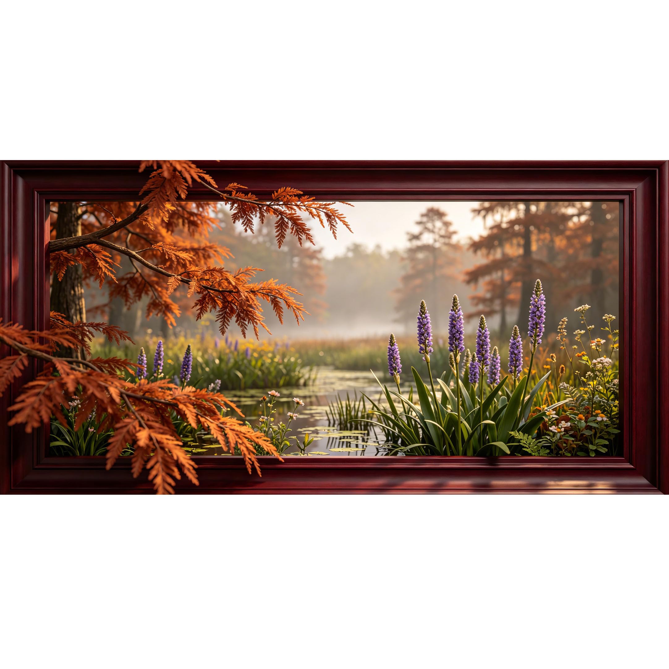 Agglomerix 3D Framed Wall Art Autumn Forest Lake Purple Flower Wetland Landscape 3D Trompe l'oeil Large Size SelfAdhesive Removable Wall Decor Prints Artwork for Living Room Bedroom Office