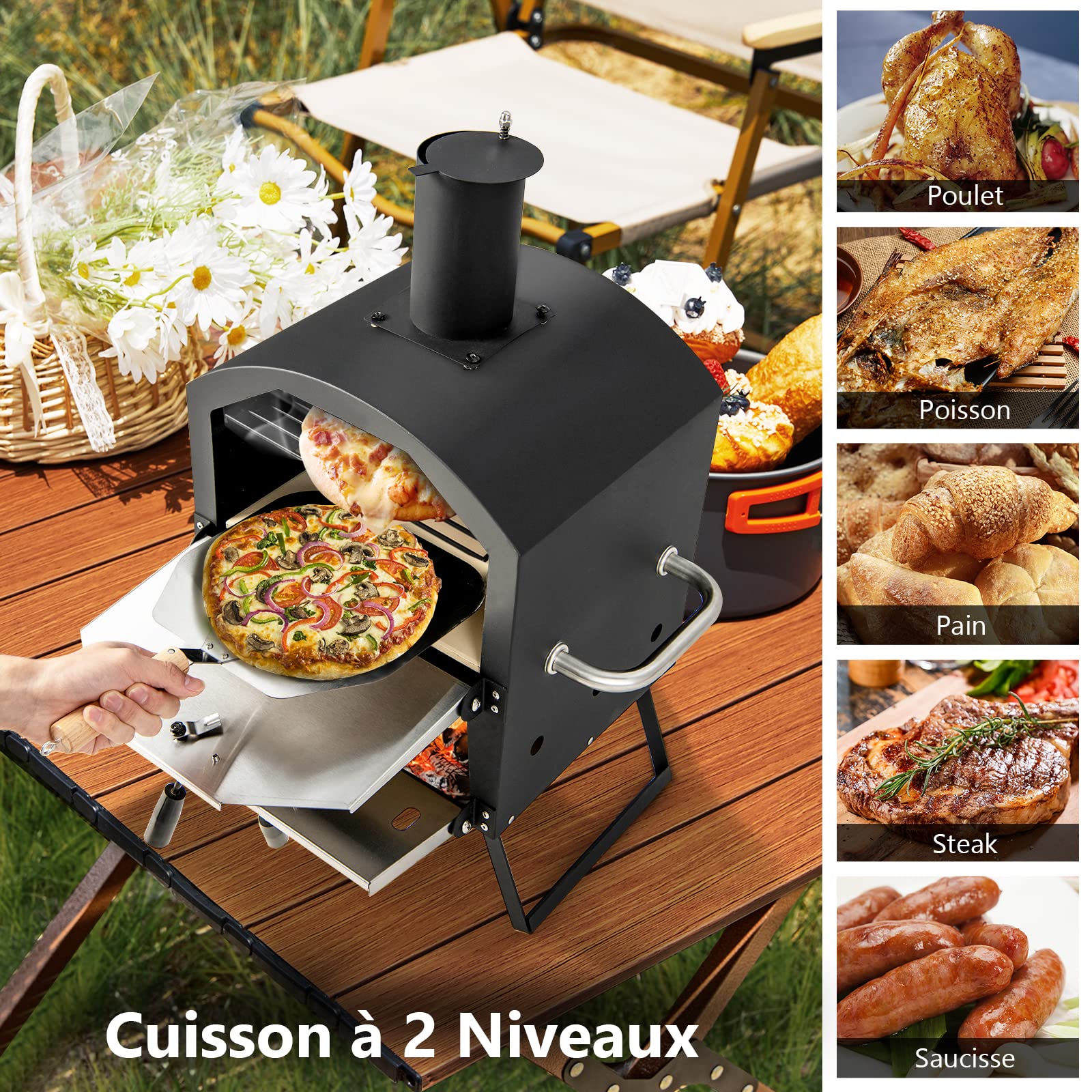 GYMAX Four à Pizza Extérieur Mini au Bois avec Pierre à Pizza, Pelle à Pizza, Jambes Pliantes et Poignées Portables