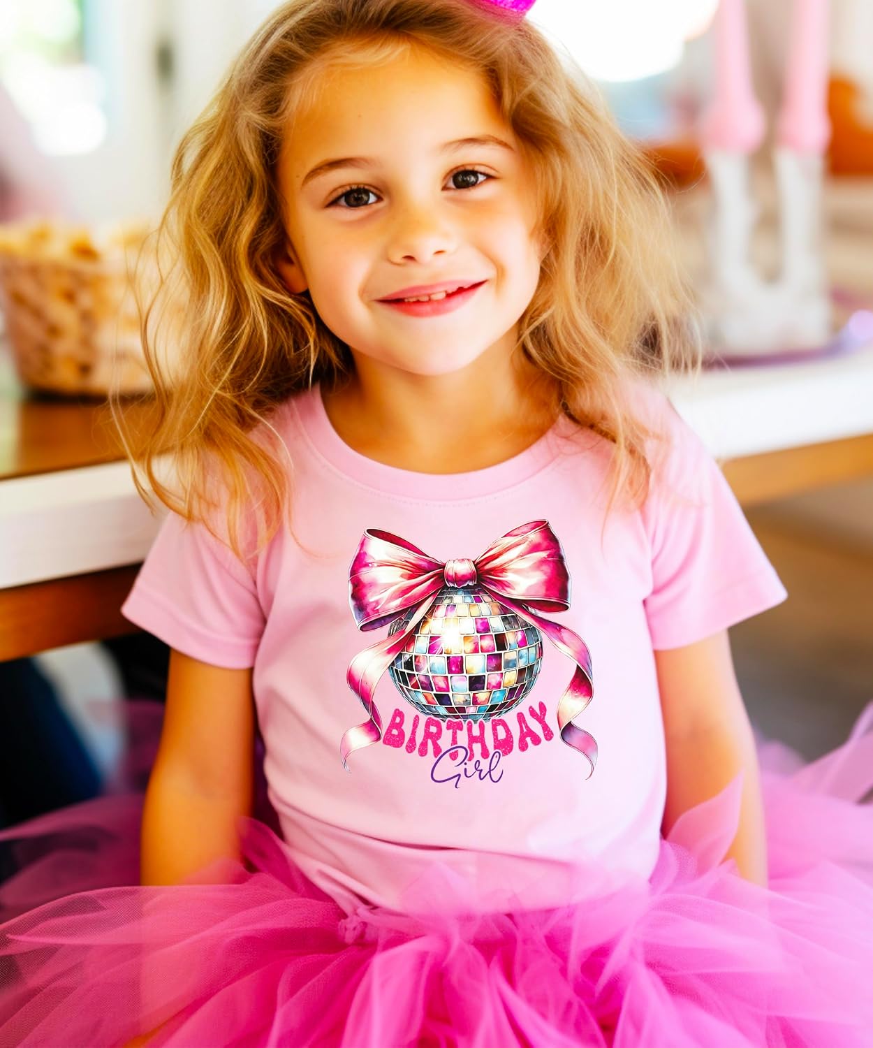 Birthday Girl Coquette Disco Ball Shirt for Girls Trendy Pink Bow Party Theme T-Shirt for Kids