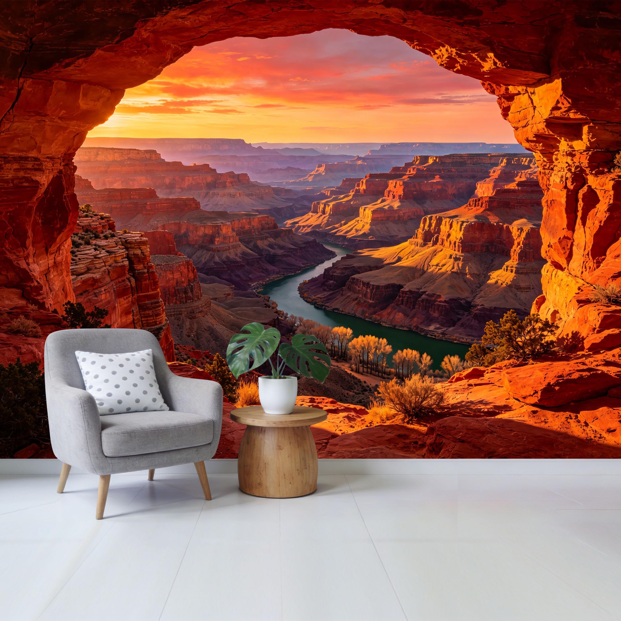 Custom Size Wall Mural Canyon Landscape Sunset View River Valley Rocks Removable Self Adhesive Fabric Home Wall Decor for Living Room Bedroom Bathroom