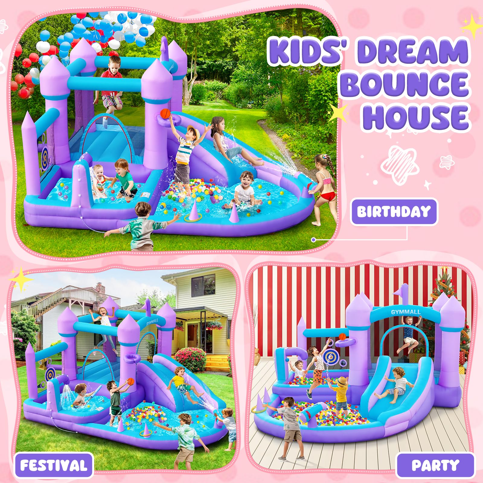 Castillo Inflable para Niños de 3-8 años, Casa de los Sueños Morada con Tobogán de Agua y Soplador de 480W, Gran Castillo Inflable con Zona de Salto, Piscina de Bolas, Alberca