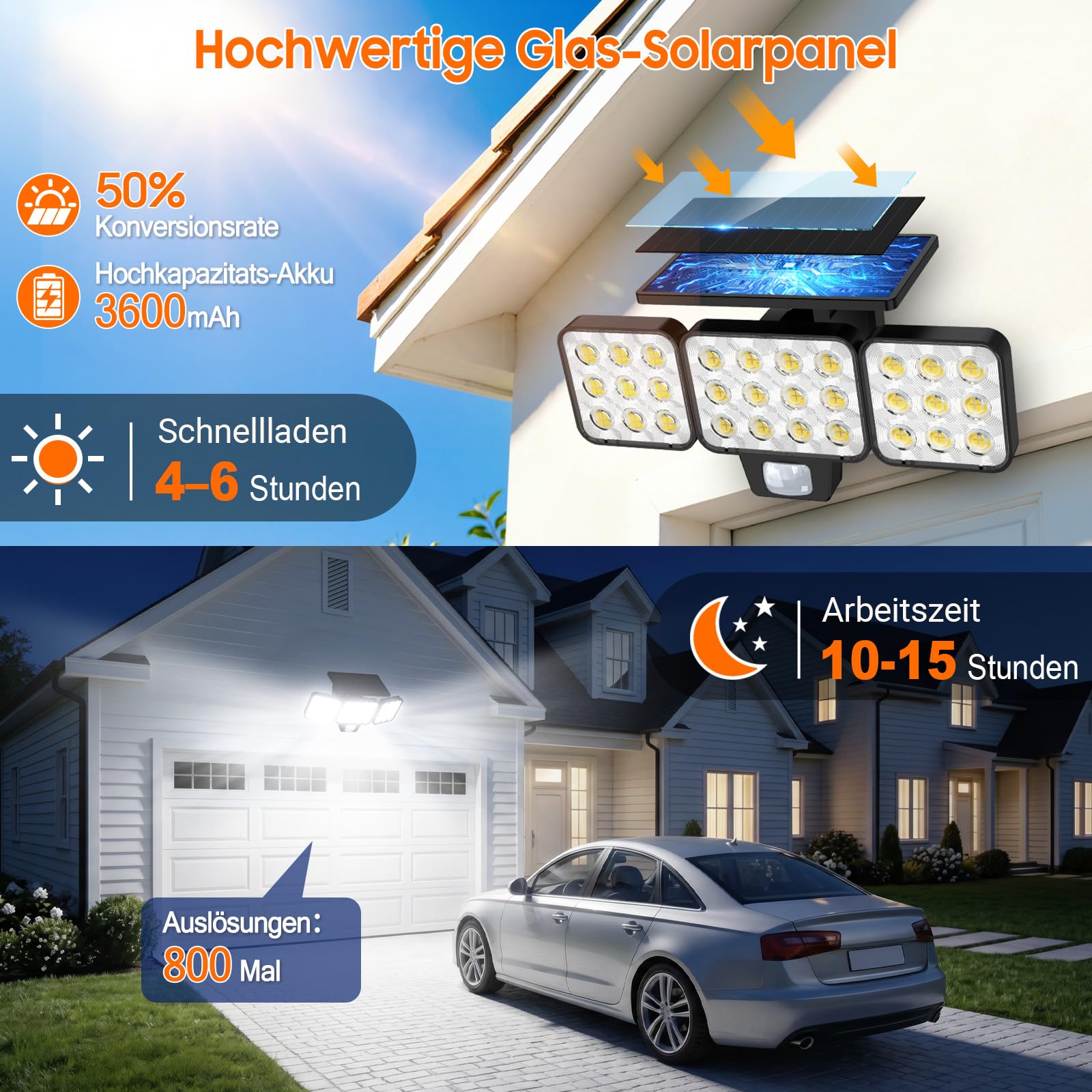 GEARLITE Lampade solari per esterni con sensore di movimento, 2 pezzi, 3500 lm, super luminose LED per esterni, 3 modalità con illuminazione grandangolare a 270°, IP65, impermeabile, lampada da parete