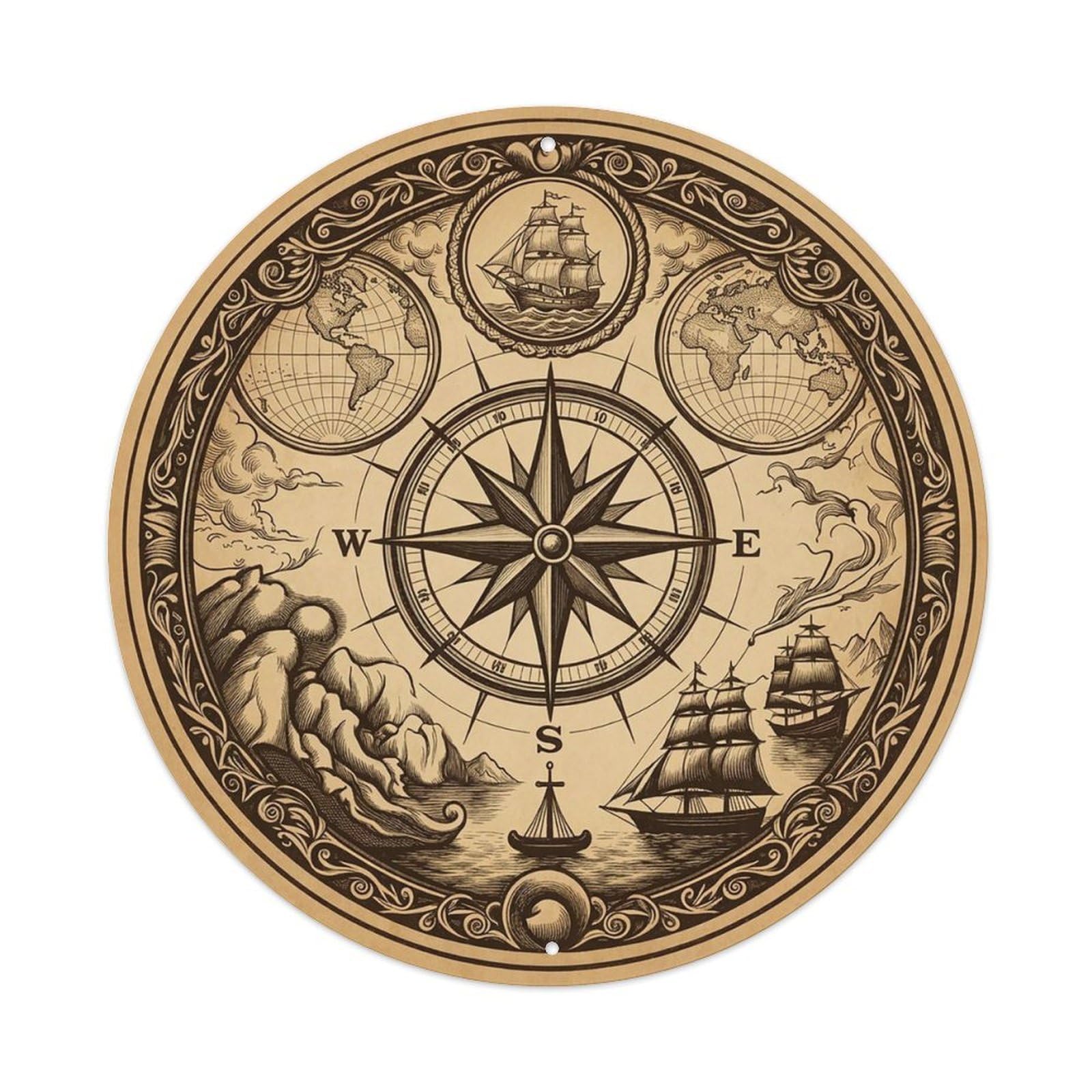 Vintage Nautical Compass World Map Lookout Heritage Metal Tin Sign