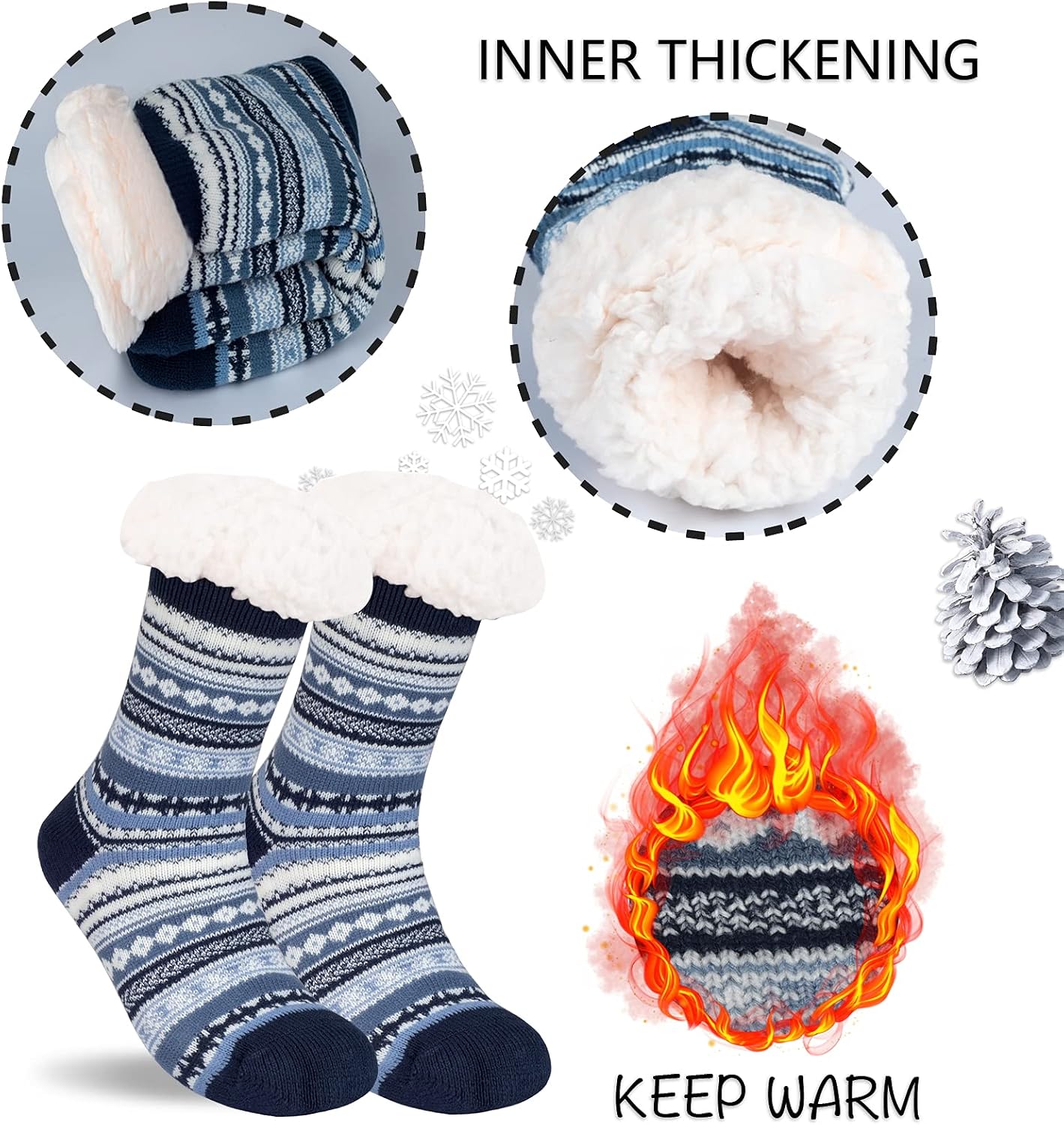 FENELY 3 Pairs Fuzzy Slipper Socks for Women Men, Winter Warm Soft Fleece Lined Non Skid