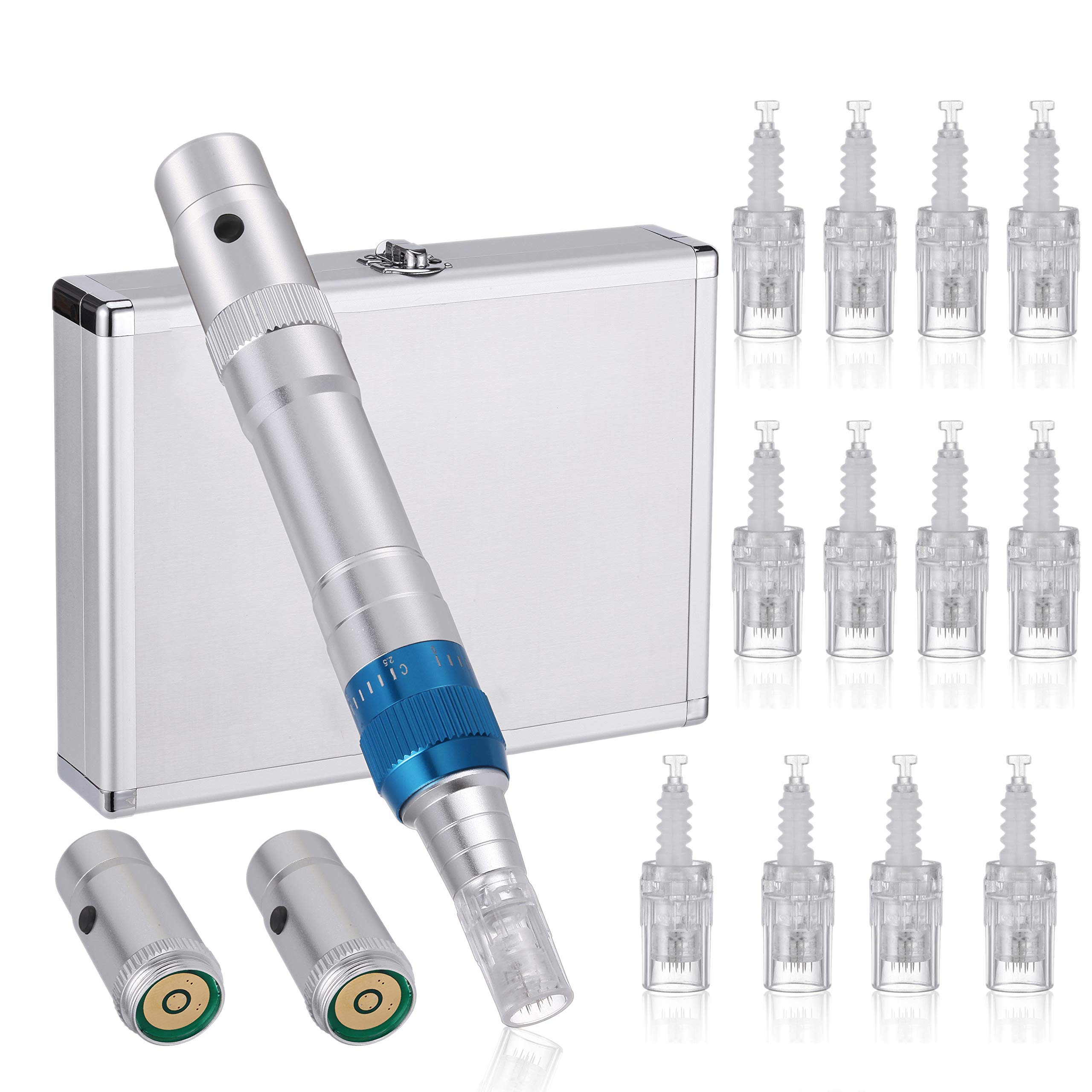 BOWKA Derma PEN pluma de microagujas - Bolígrafo eléctrico con 12 unidades de cartuchos de aguja, 12 pines, Dermaroller inalámbrico, ajustable de 0,25 mm a 2,5 mm