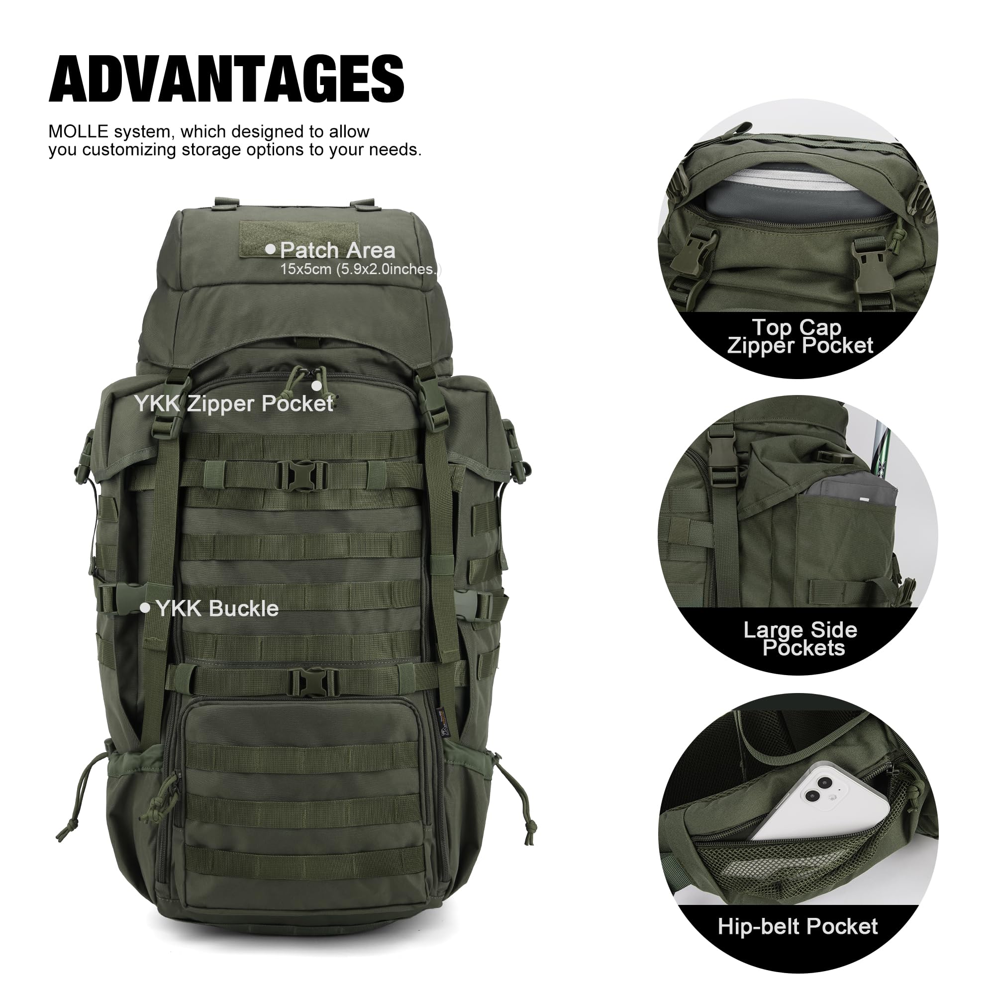 Mardingtop Mochila de 70 l, mochila de senderismo, mochila táctica grande para hombre, con funda para lluvia, mochila para camping, senderismo, montañismo, viajes al aire libre, 70L Verde Caballería