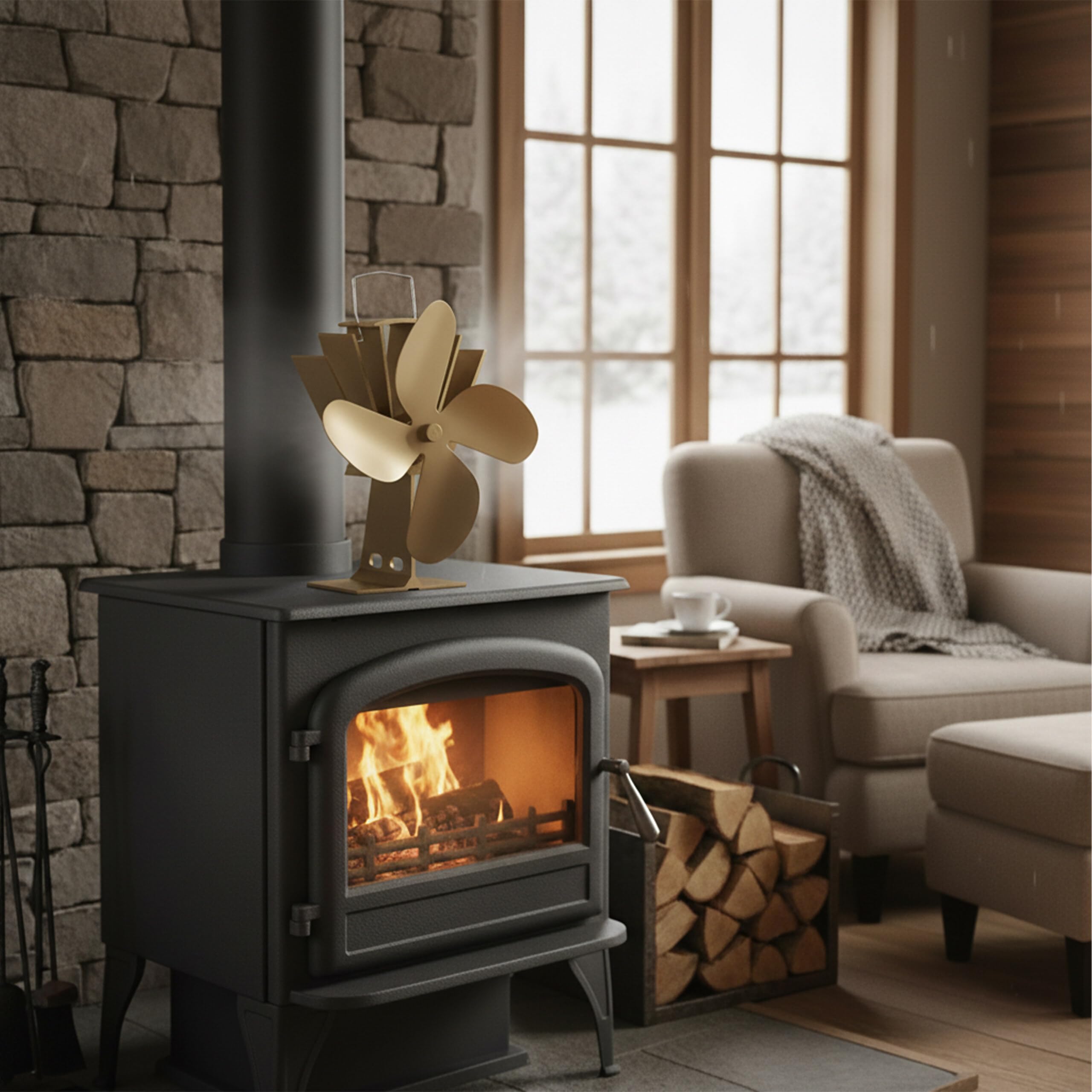 Relaxdays Ventola per Stufa Senza Elettricità, Silenzioso, Ventilatore per Camino & Forno, Accessorio, 4 Pale, Bronzo